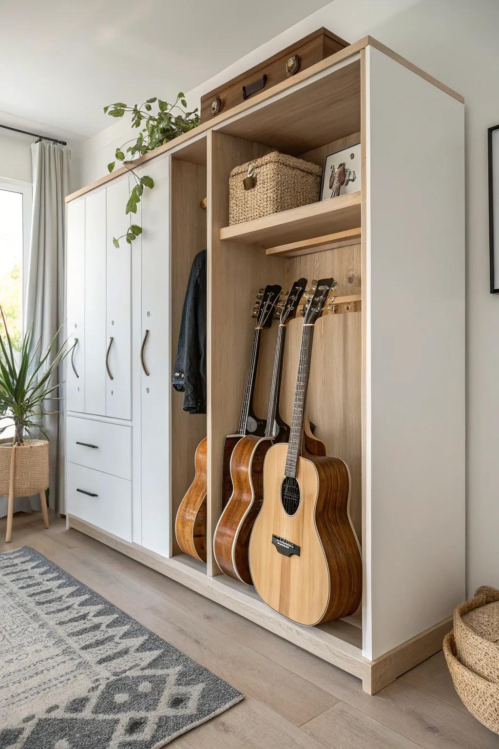 Transform your closet into a hidden haven for your guitars—elegance meets functionality in this minimalist built-in storage solution.