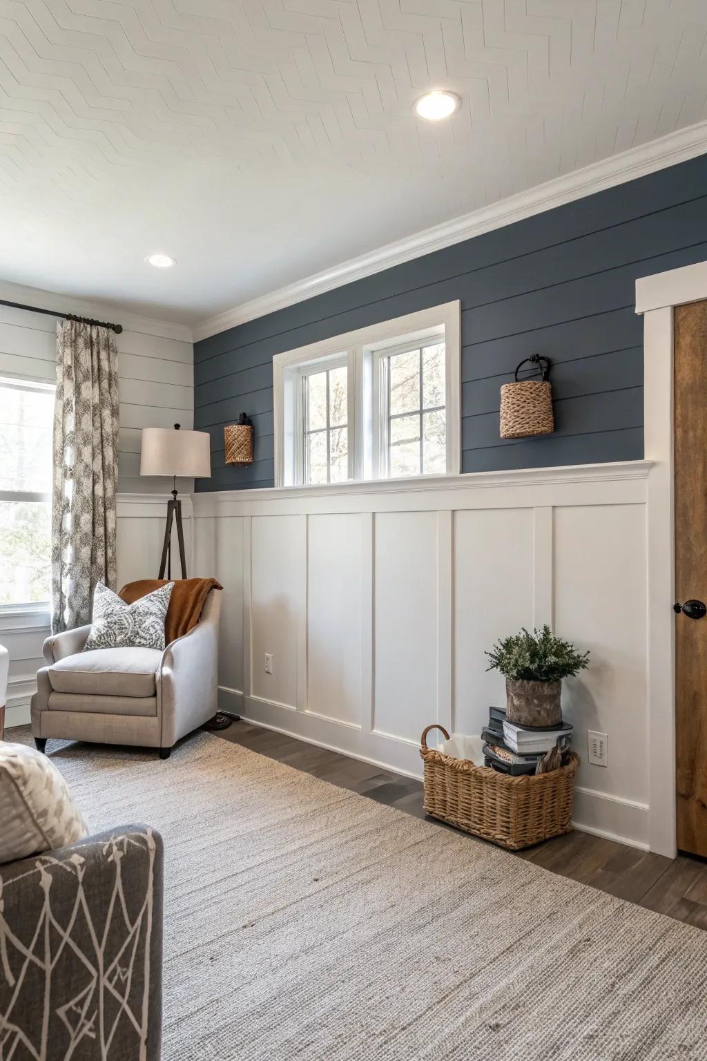 Dual-tone walls with shiplap create an elegant visual contrast.