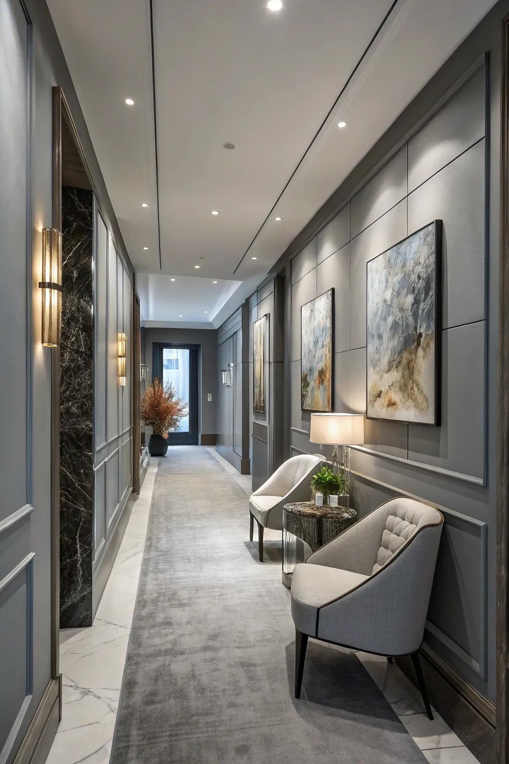 Cool-toned gray provides a chic and versatile backdrop for hallways.