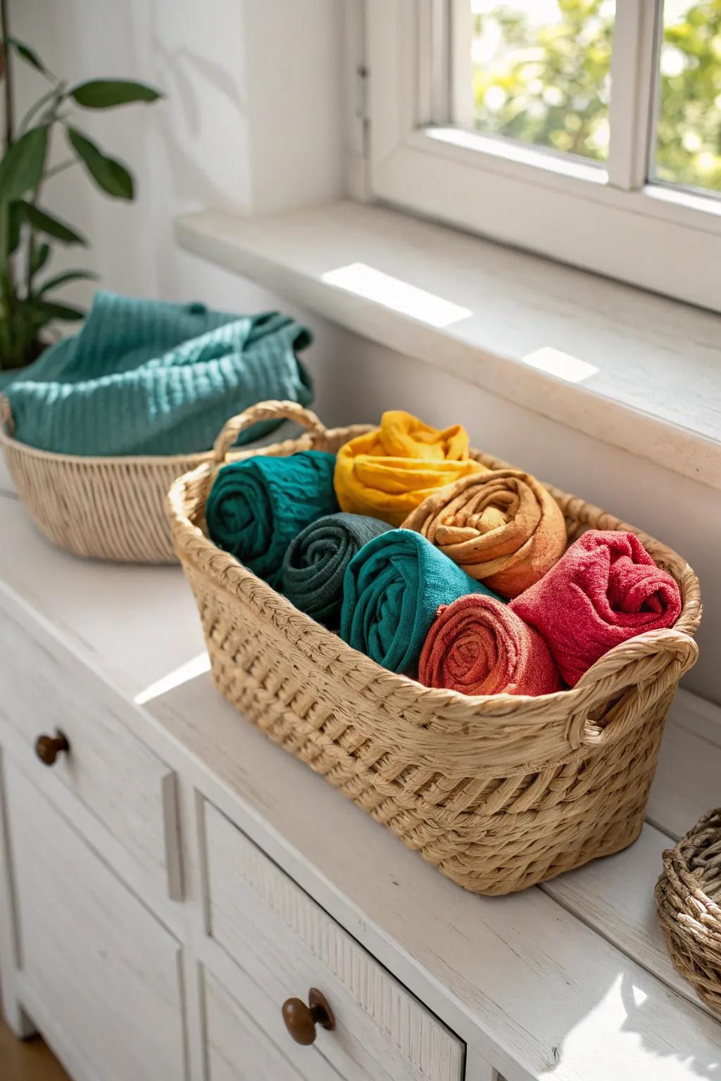Brighten your vanity with a colorful headband basket—where function meets artistry.