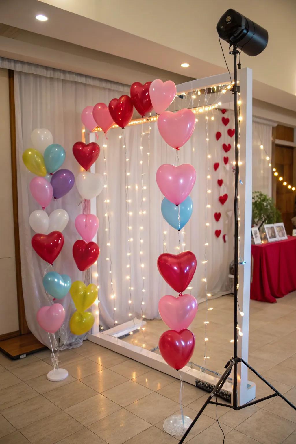 Fun-filled photo booth with heart balloon props.
