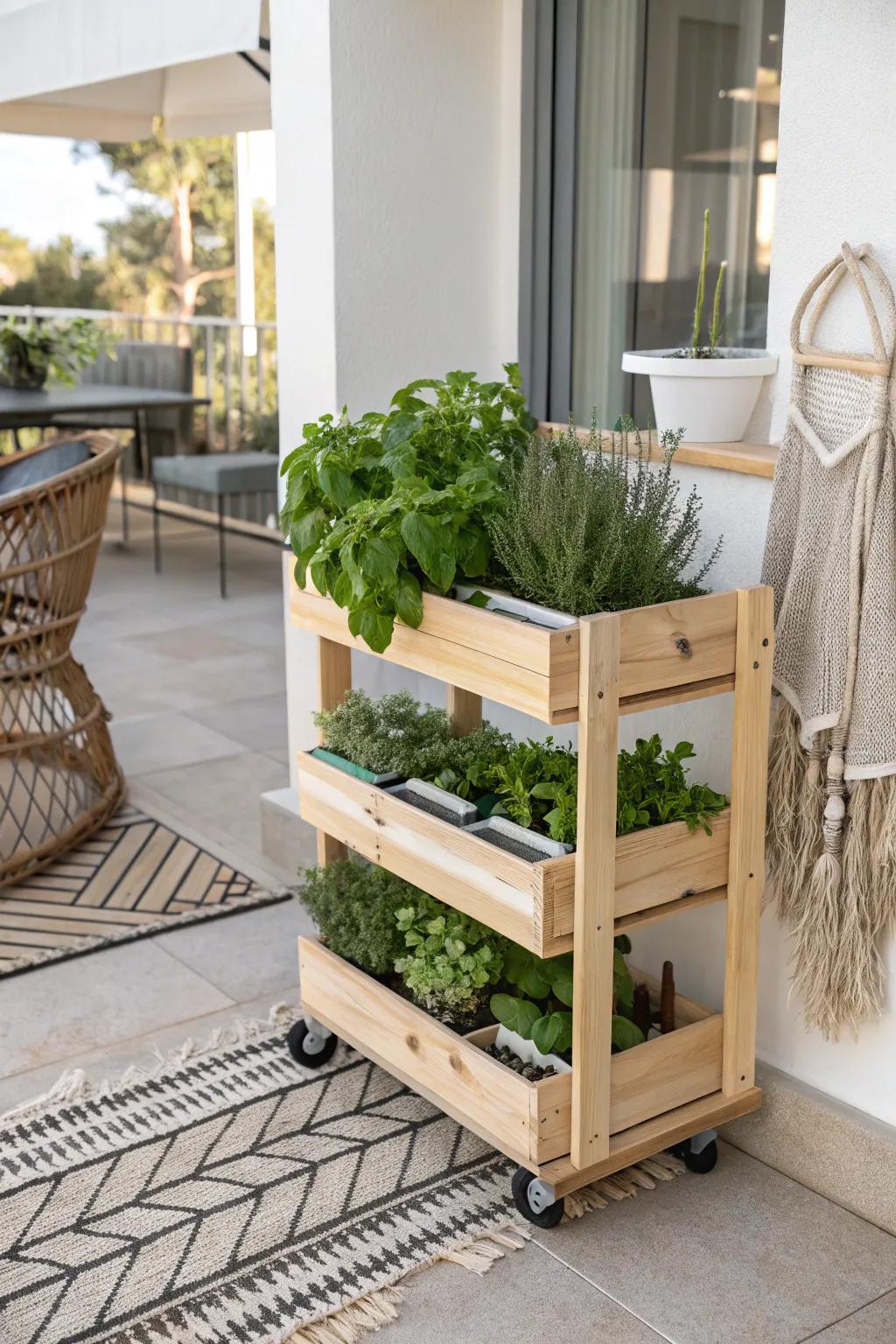 Chase the sunlight with a stylish rolling herb cart, perfect for a patio sanctuary. 🌿☀️ #HerbGarden #ScandiBoho