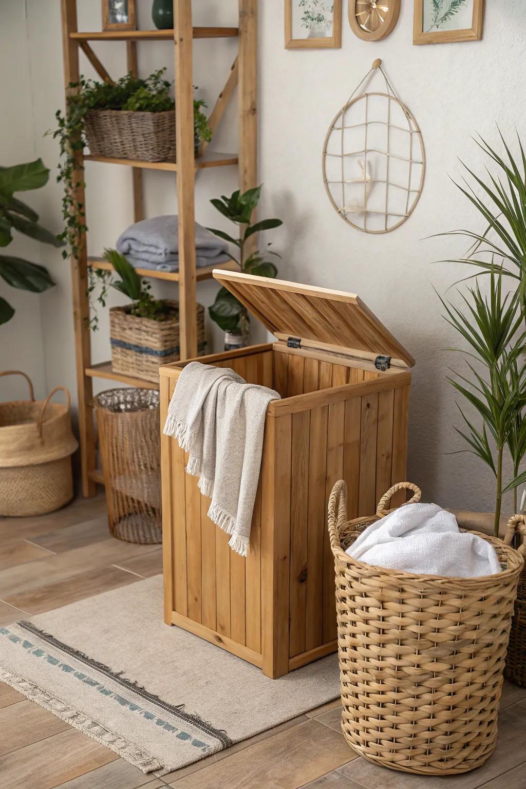 Wooden hampers that seamlessly blend with natural decor.