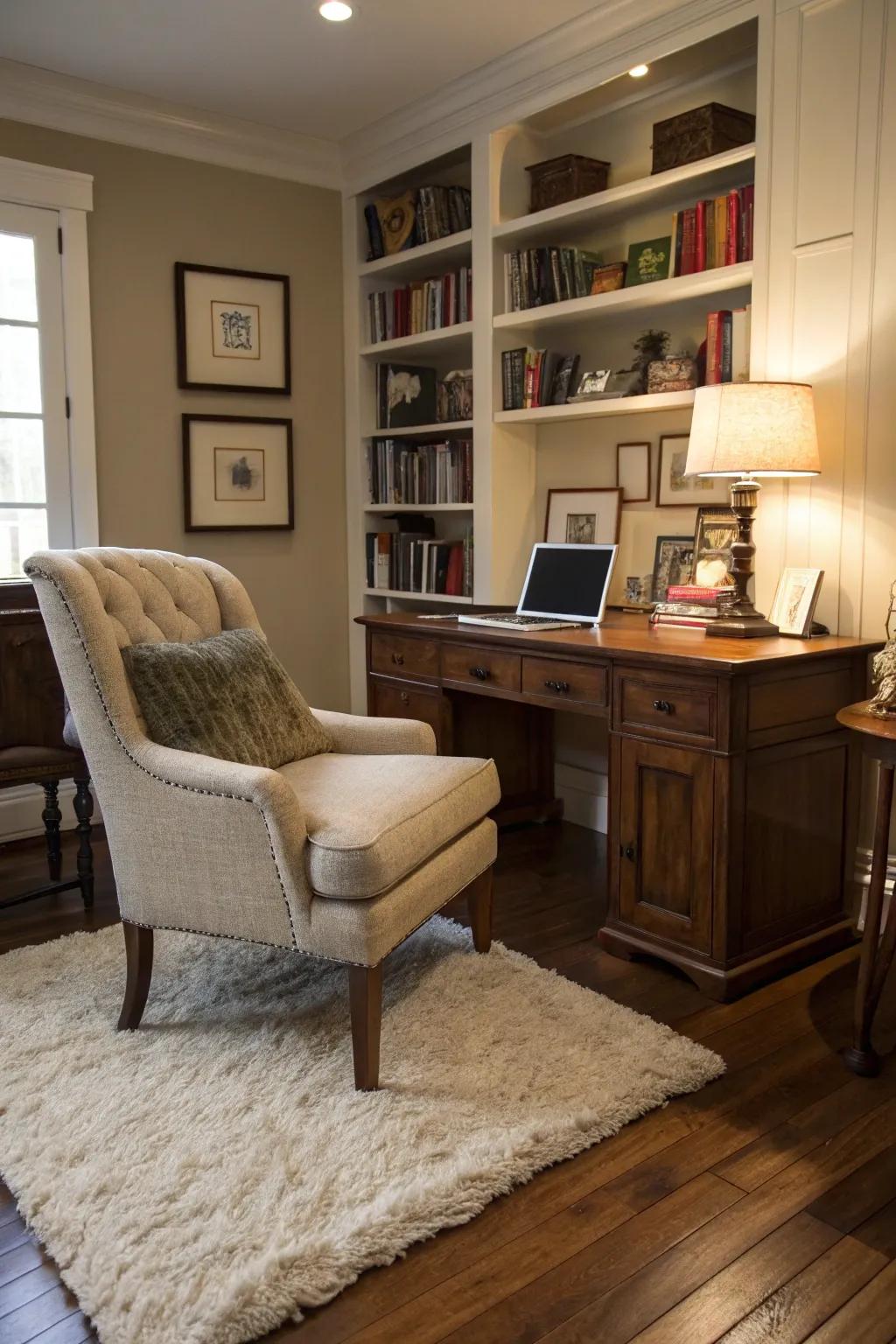 Wool rugs add warmth and texture to your home office setting.