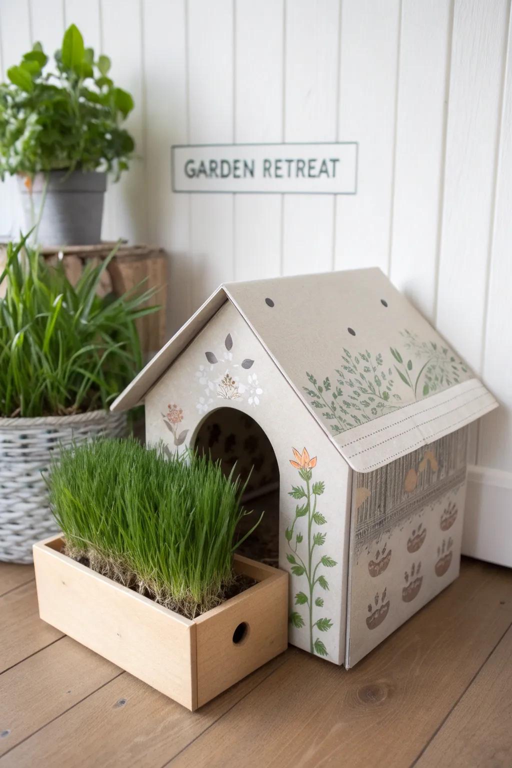 Transform your cat's home into a serene garden retreat with this chic, minimalist cardboard cat house adorned with a touch of nature. 🌿✨