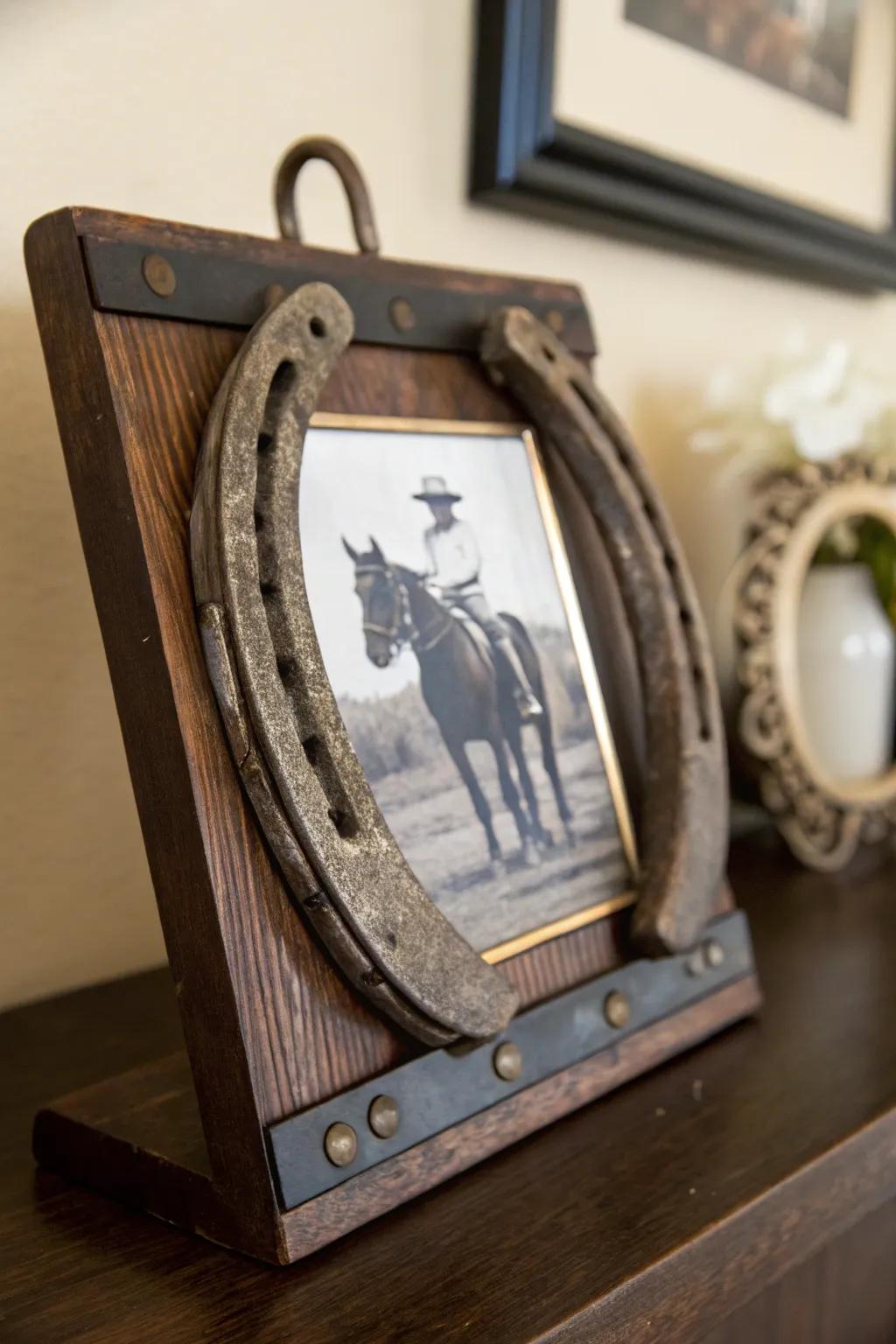 Add a rustic charm to your memories with this handcrafted horseshoe picture frame.