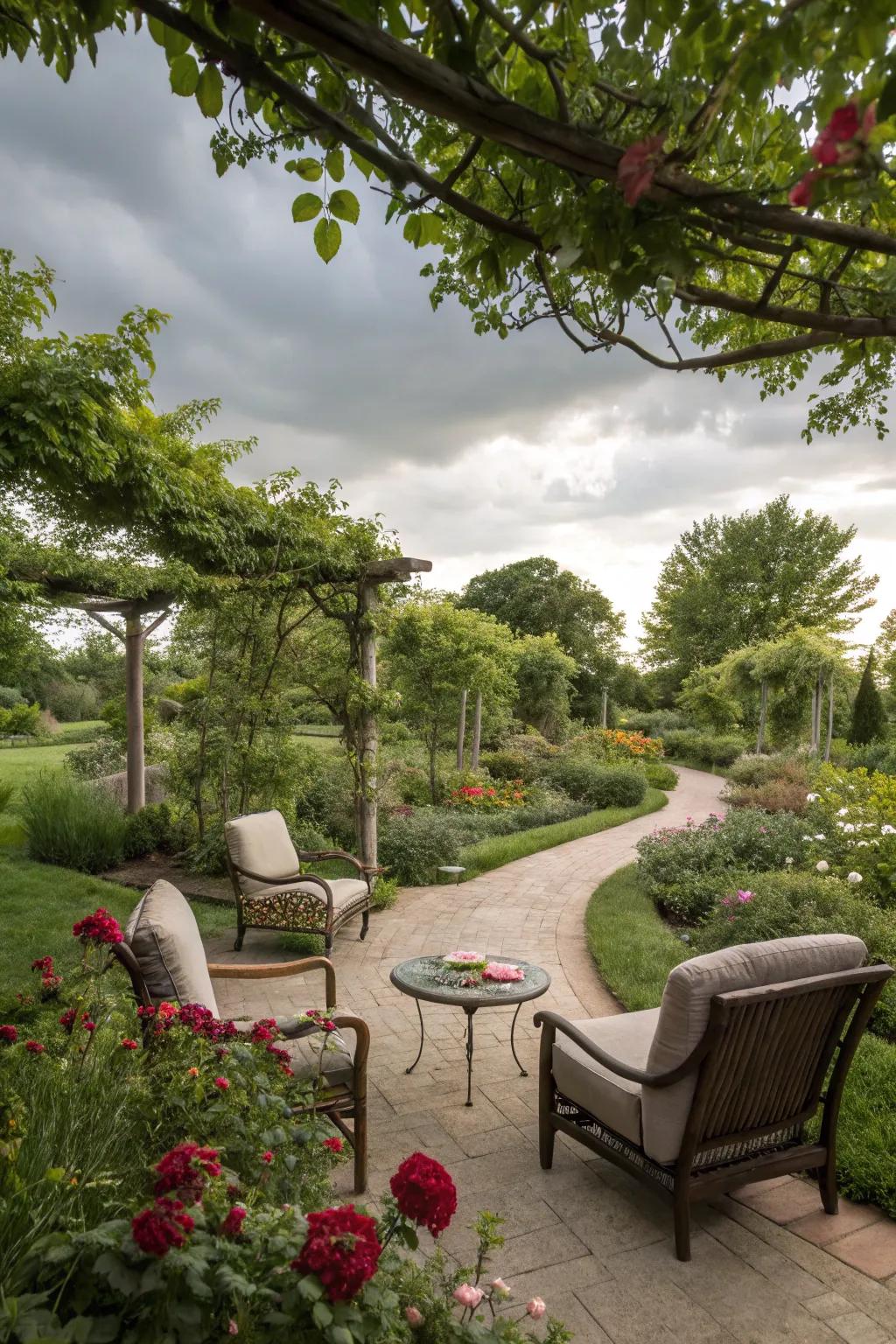 Serene garden oasis with lush greenery and comfortable seating.