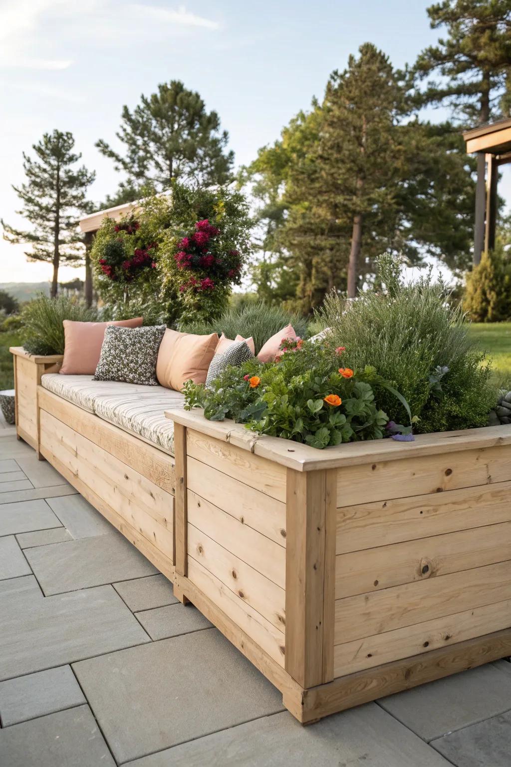 Transform your garden into a sanctuary with a stylish planter box featuring built-in seating for ultimate relaxation and plant care!