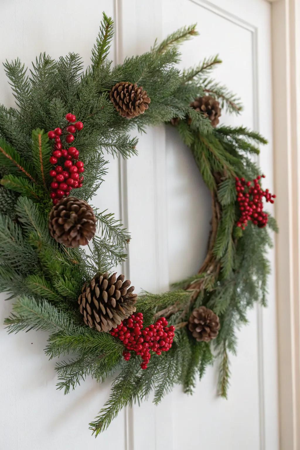 Celebrate winter's natural beauty with this stunning evergreen wreath, a perfect blend of simplicity and elegance.