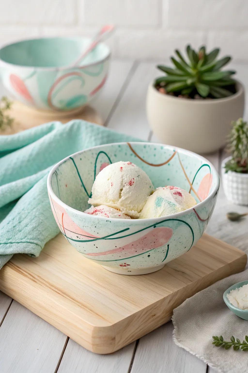 Embrace the beauty of abstract art with a uniquely painted ice cream bowl that adds a touch of elegance to your minimalist decor.