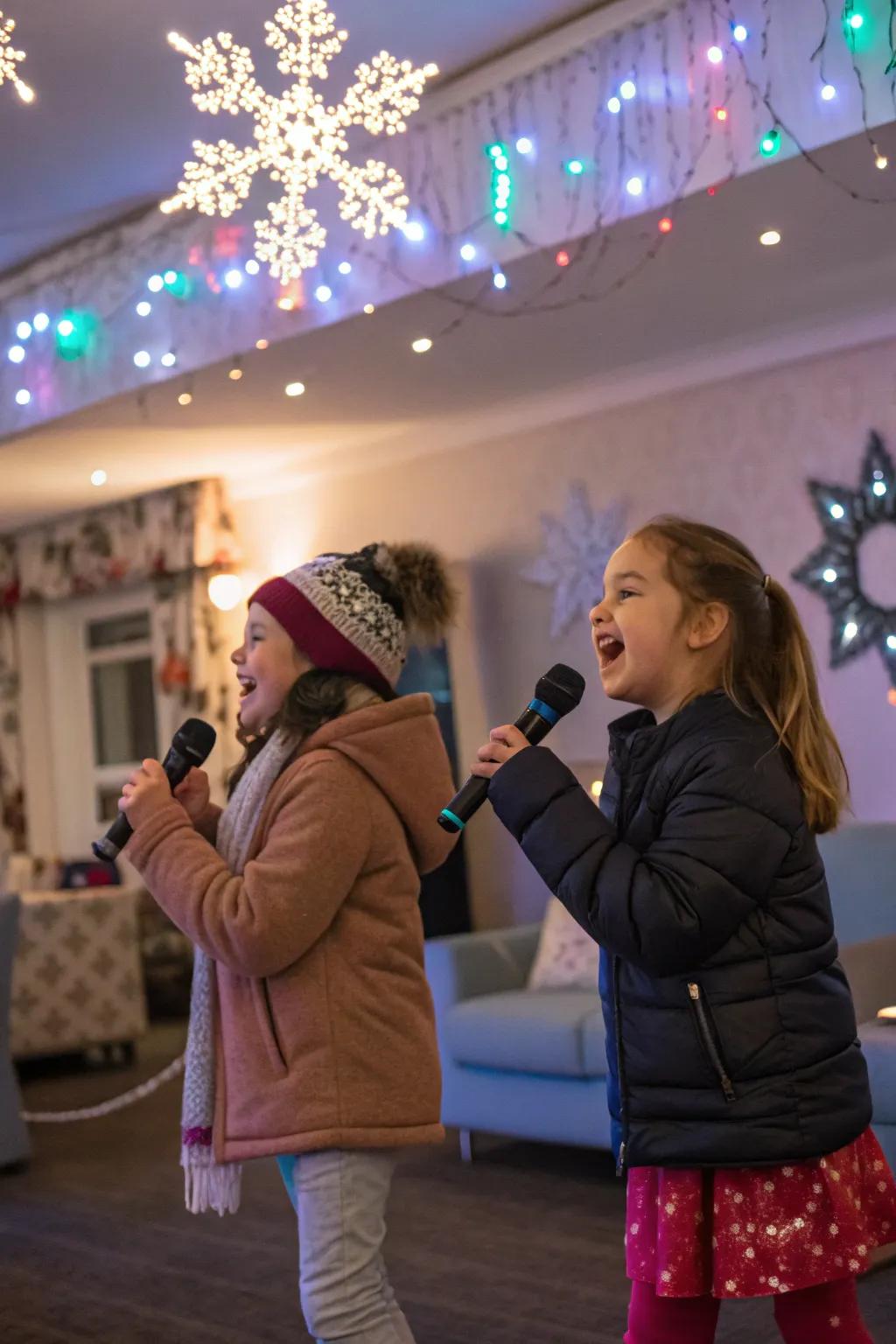 Kids singing and dancing during a lively winter-themed karaoke session.