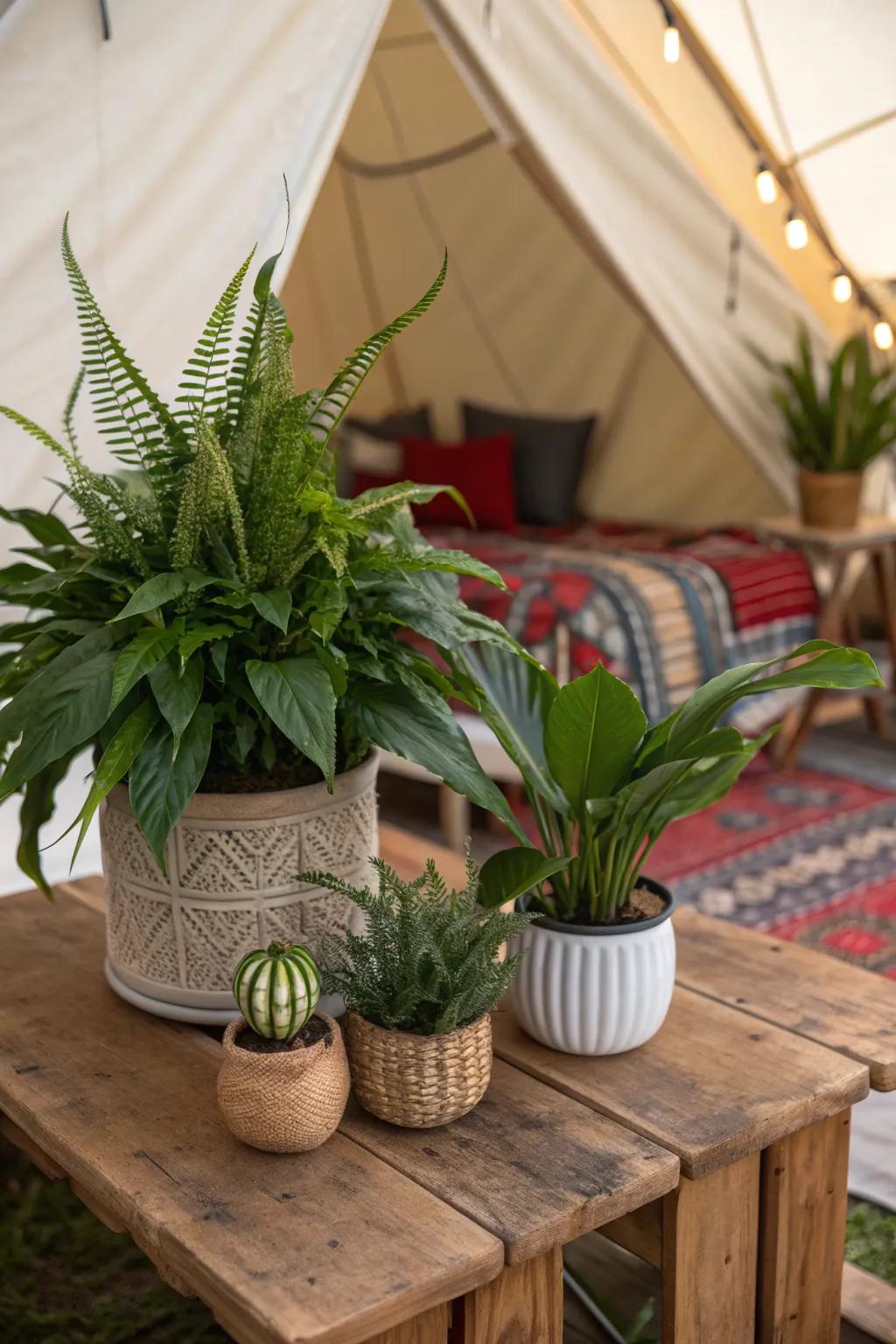 Bring the wild indoors with lush greenery for your perfect indoor camping vibe.