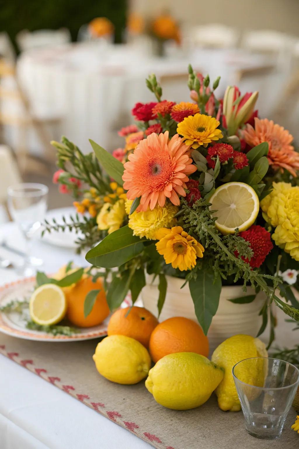 Floral and fruit centerpieces add vibrant color to your dining table.