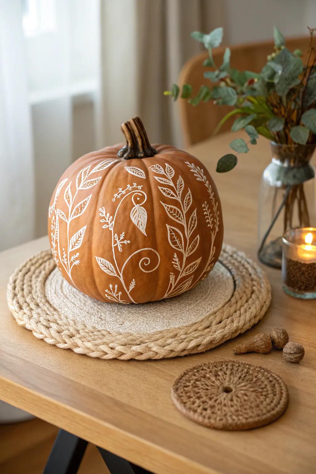 Elevate your fall decor with a touch of nature: botanical etched pumpkin perfection!