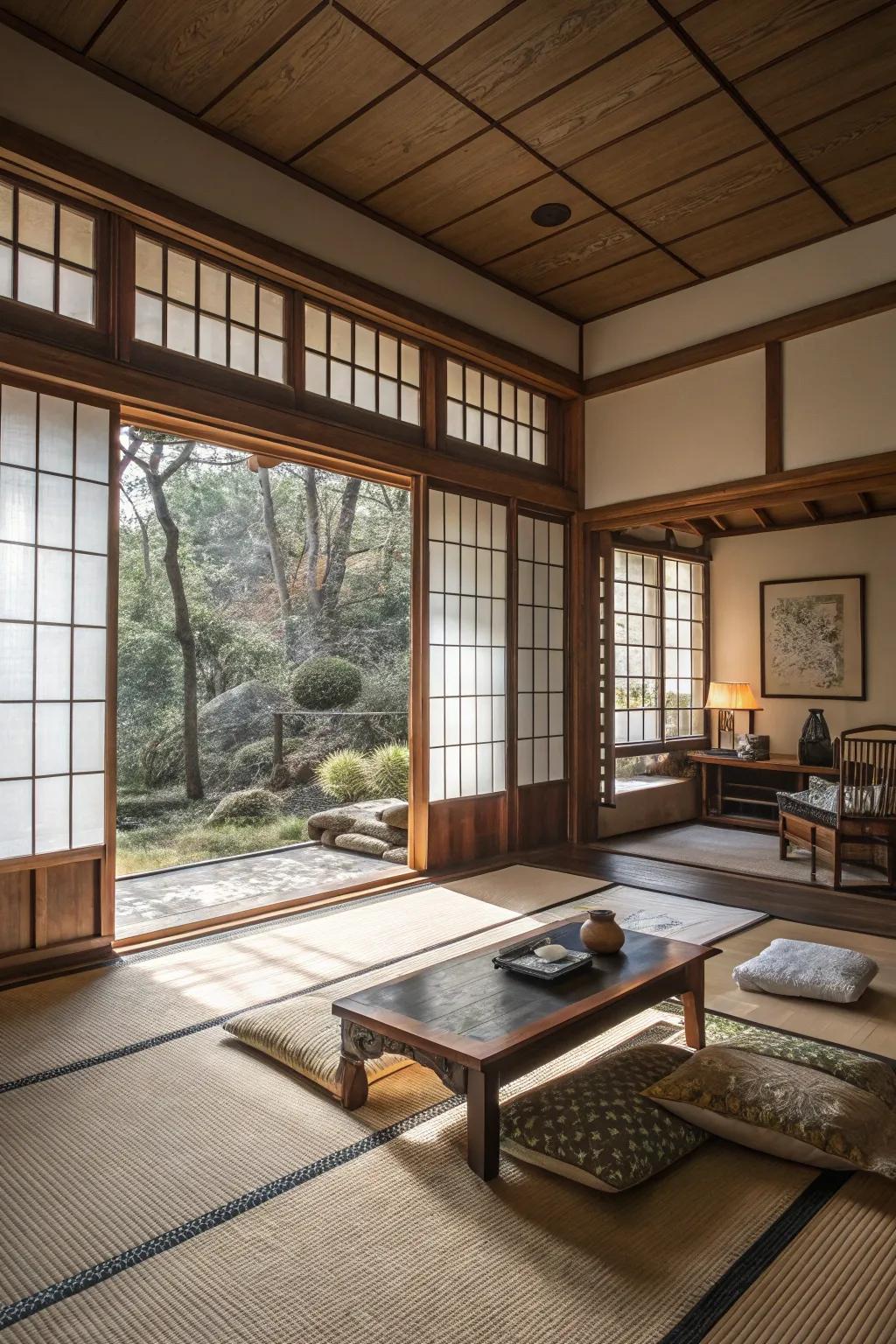 Expansive windows bring abundant natural light into this Japanese living room.