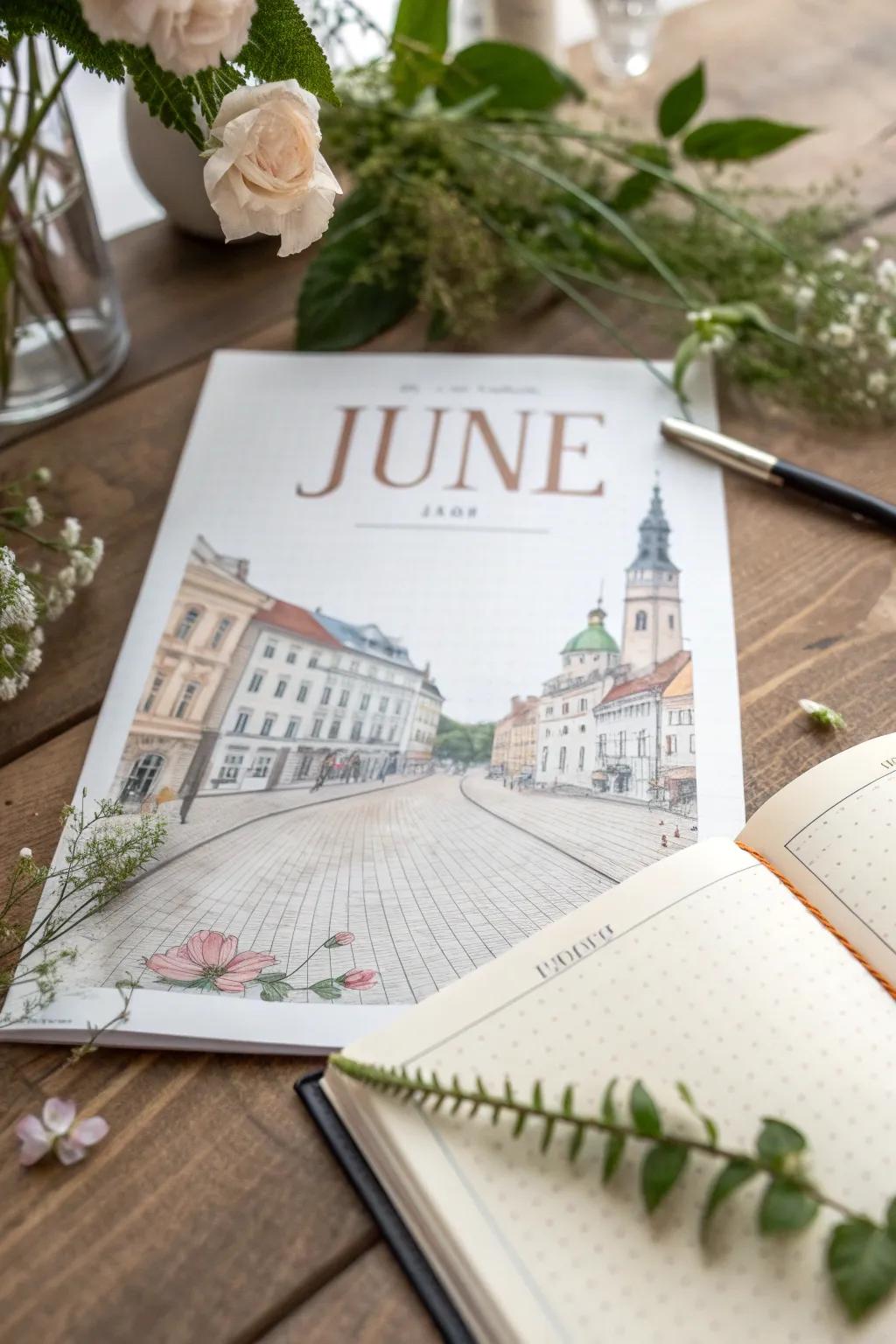 Journey through June with vintage charm: A minimalist bullet journal cover inspired by timeless travel posters.
