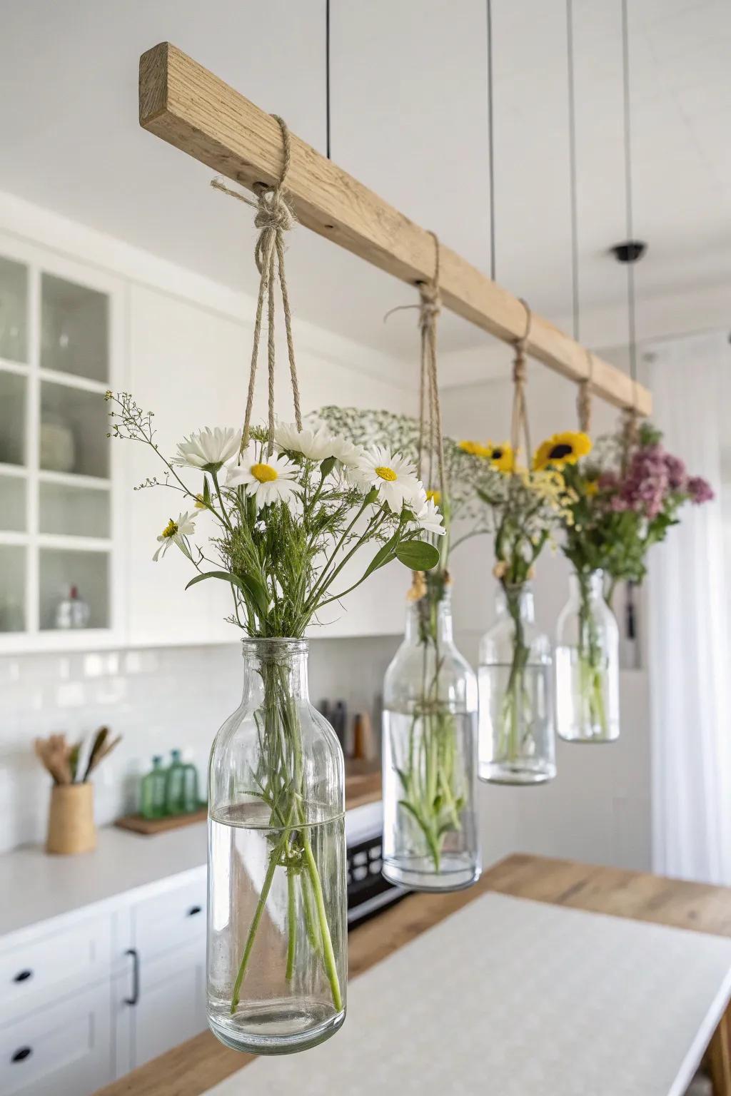 Elevate your kitchen decor with this stunning floating bottle vase display – a perfect blend of Scandinavian minimalism and boho charm!