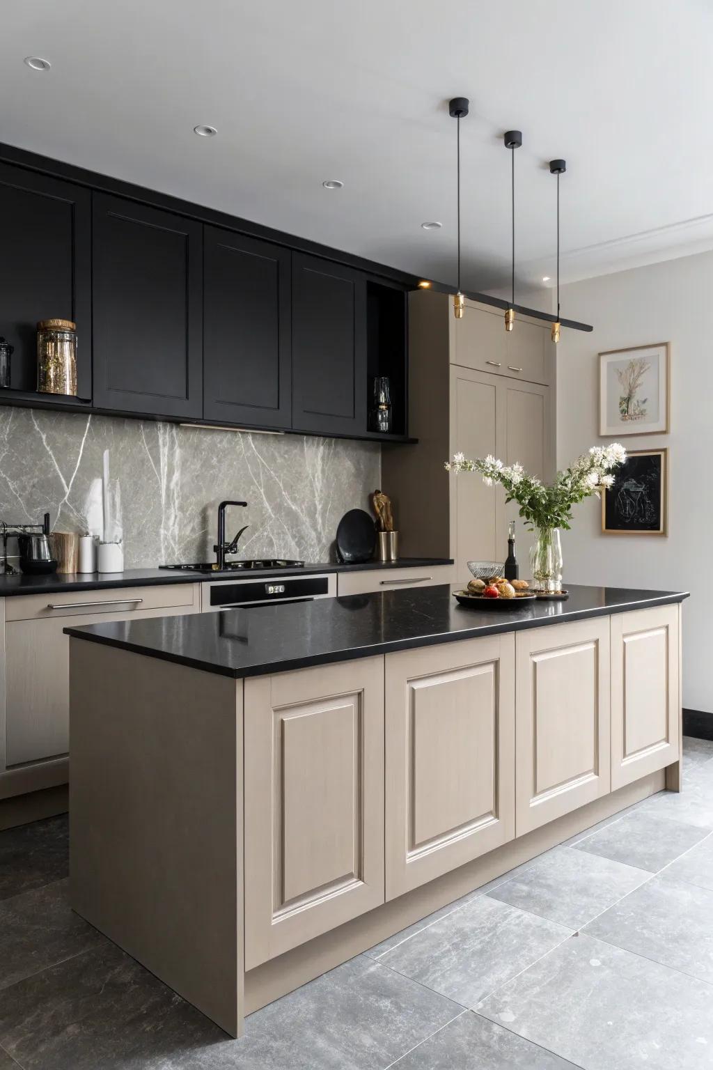 A taupe kitchen island provides a neutral and sophisticated focal point in this minimalist kitchen.