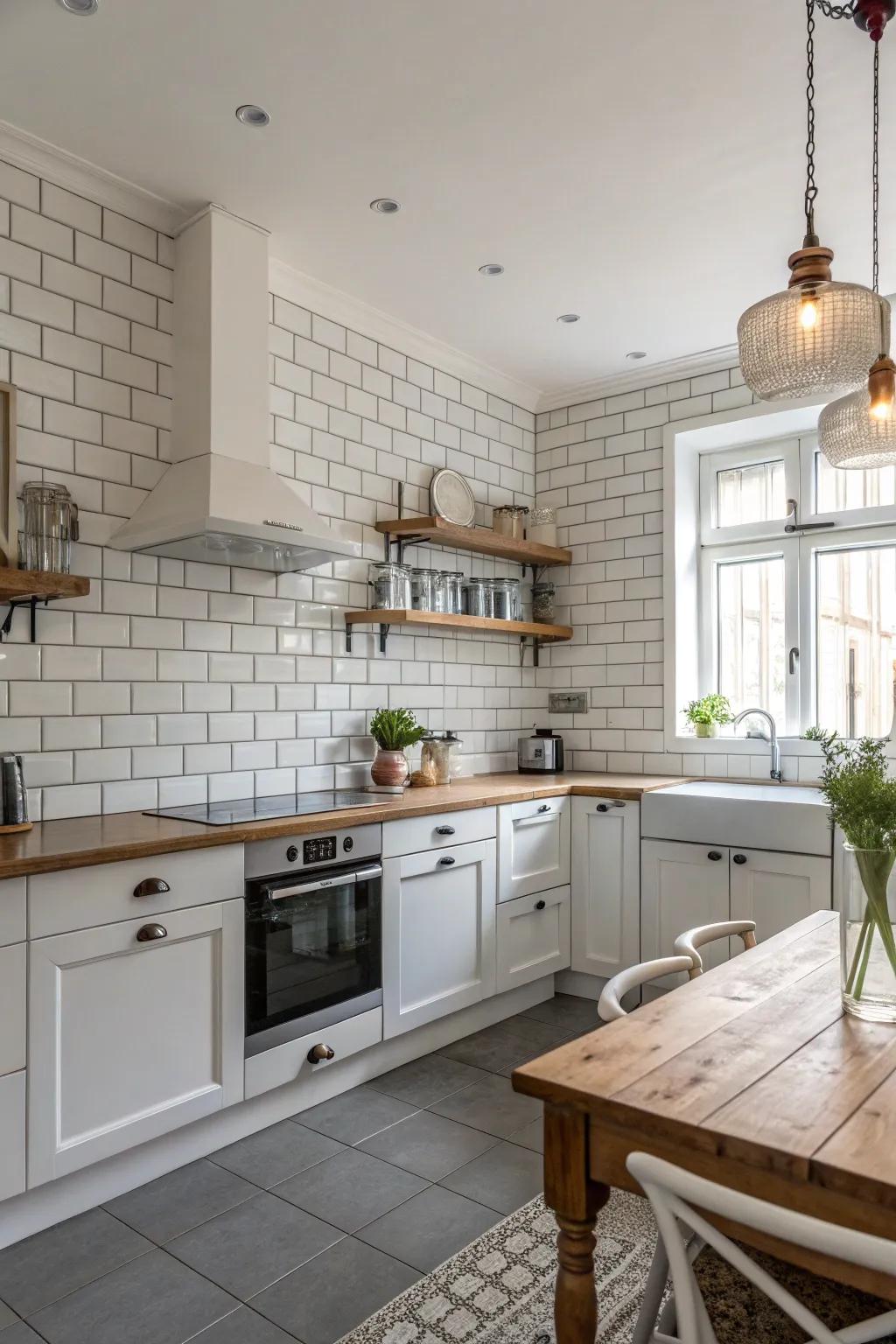 Classic white subway tiles provide a timeless look in this kitchen.