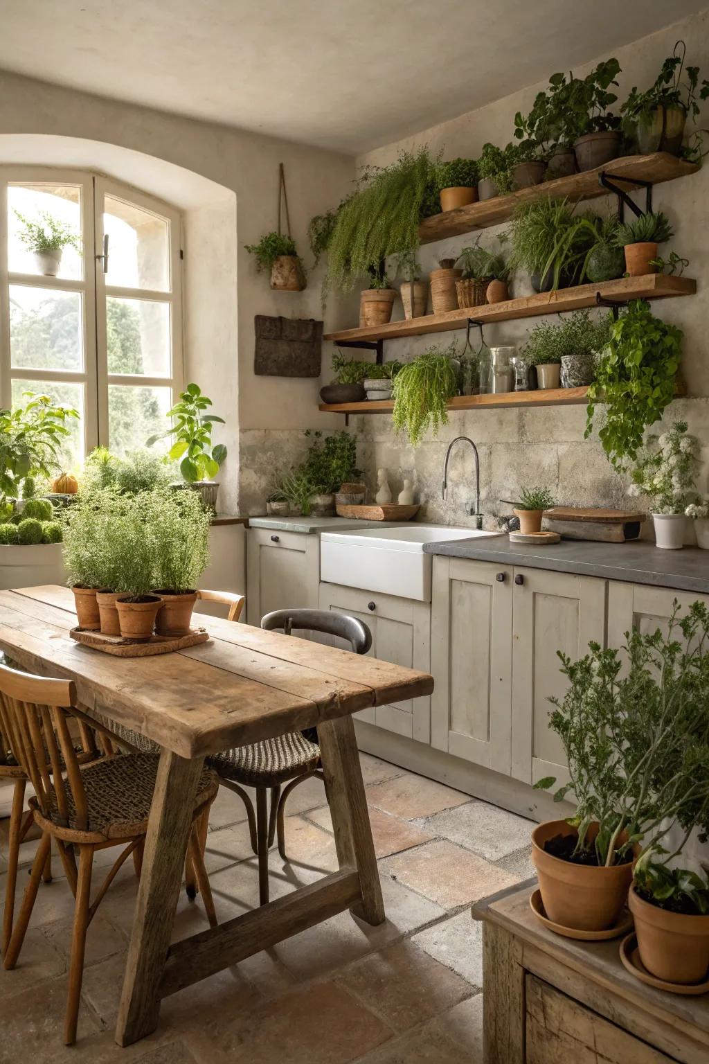 Natural elements add freshness to a windowless kitchen.