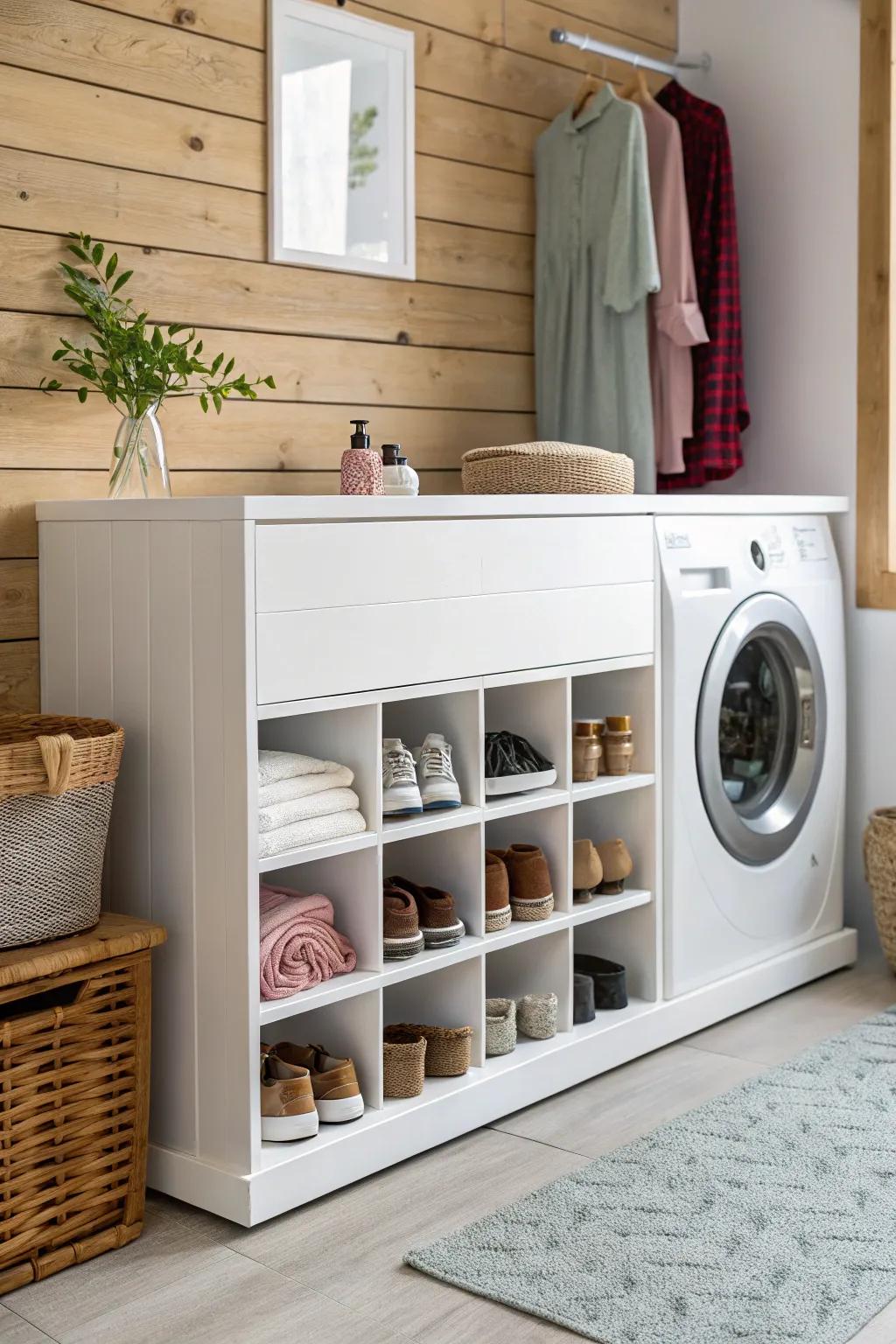 Elevate your laundry space with stylish cubbies for shoes and more - where Scandinavian minimalism meets Boho charm.