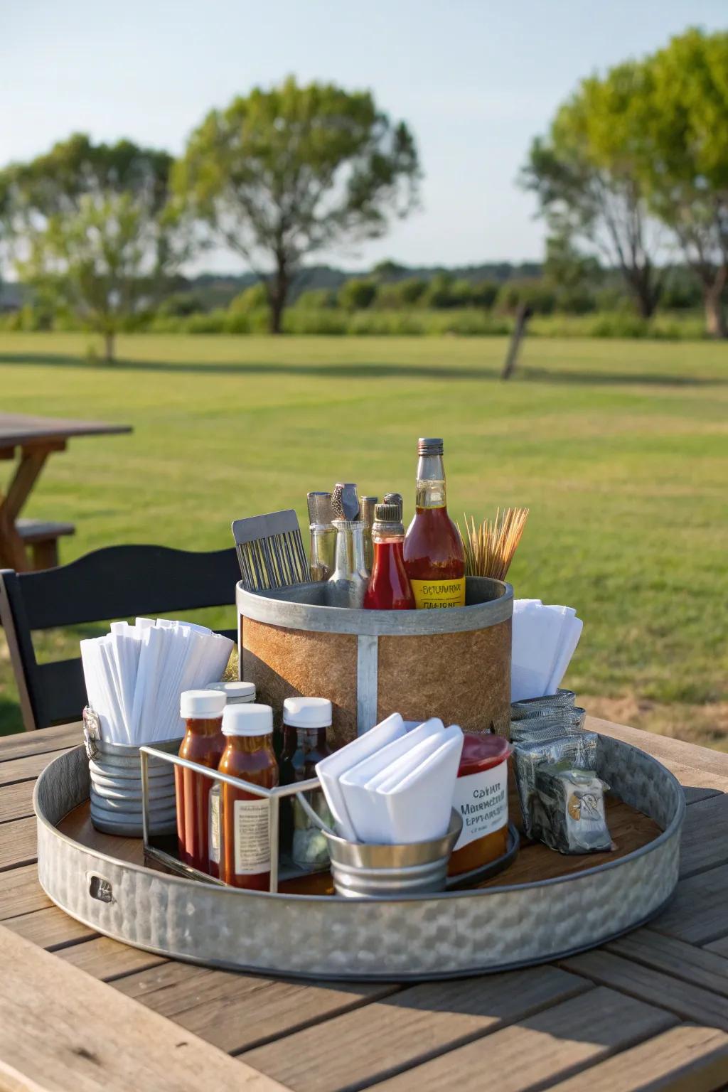 A practical outdoor dining setup with a lazy susan for easy access to condiments.