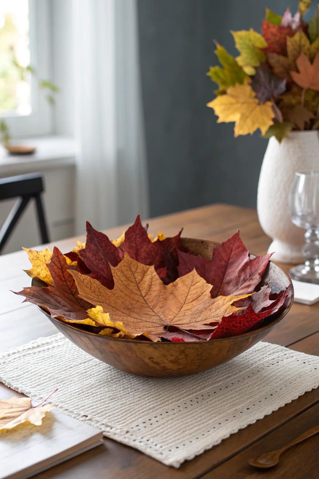 Bring nature's beauty indoors with this DIY leaf bowl centerpiece, a perfect blend of minimalism and bold colors.
