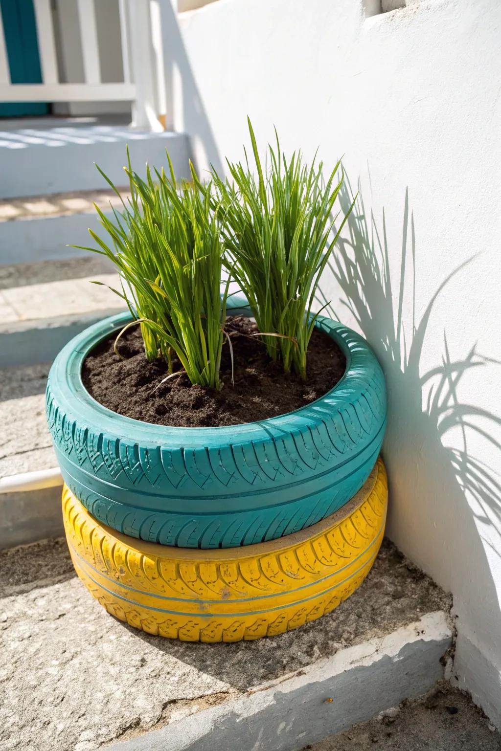 Transform old into bold with this vibrant recycled tire planter!