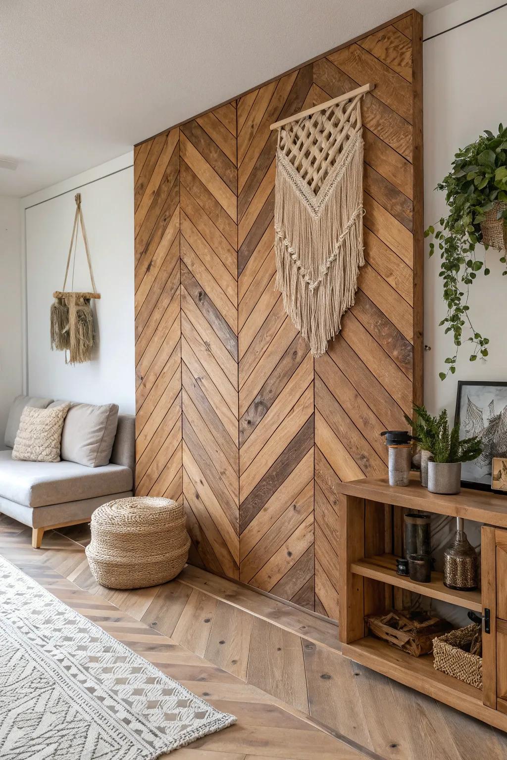 Elevate your living space with a chic herringbone pallet wall, where craftsmanship meets modern minimalism.