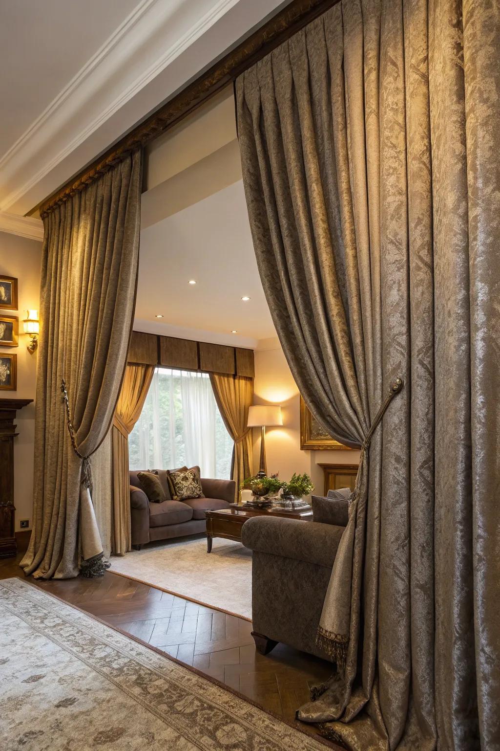 Wall-to-wall drapery adds drama and coziness.