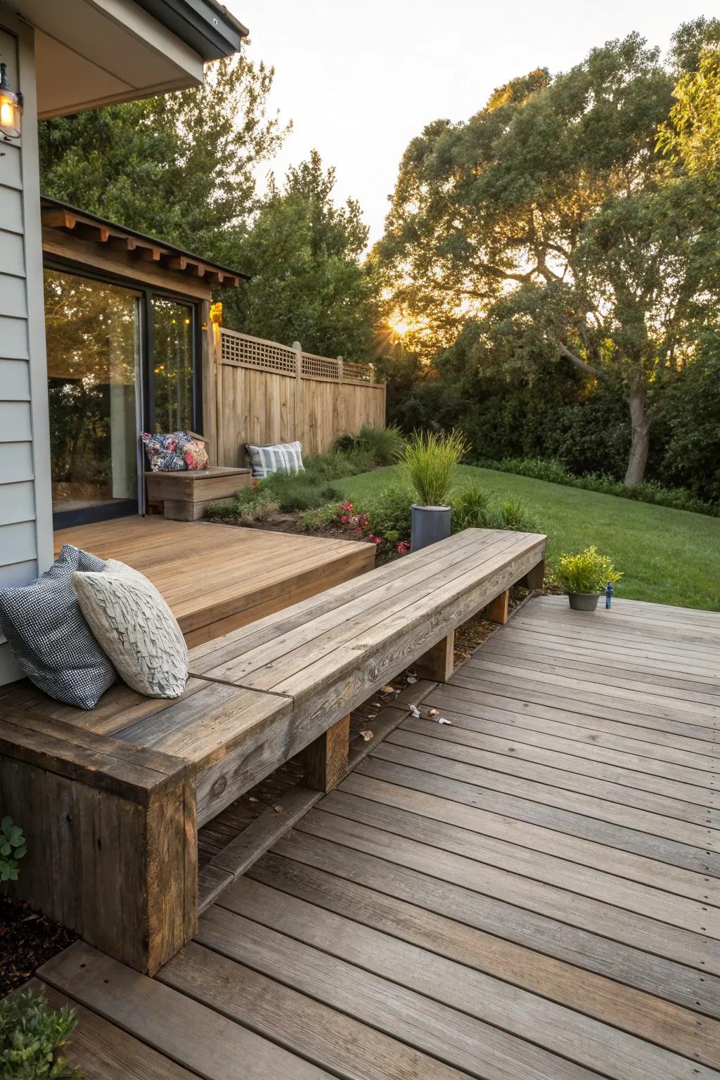 Elevate your outdoor space with a handcrafted floating deck and built-in seating—where style meets function.