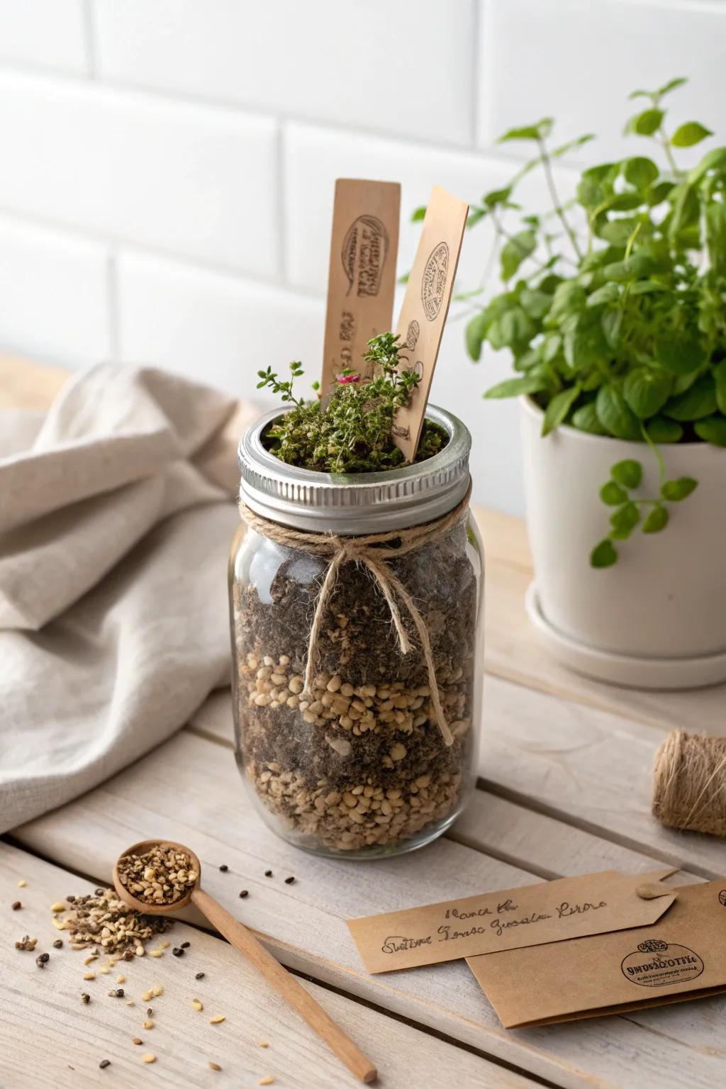 Gift the joy of gardening with this charming mason jar filled with seeds and soil. Perfect for cultivating a green thumb!