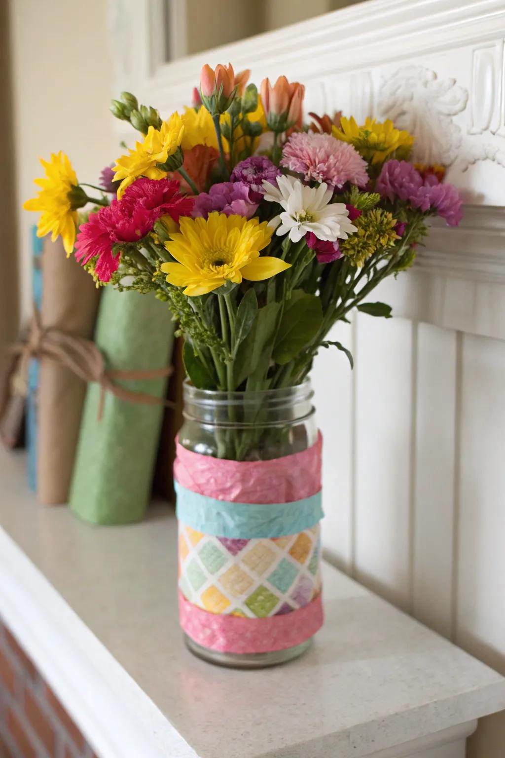 Add a splash of color with tissue paper-wrapped mason jars.