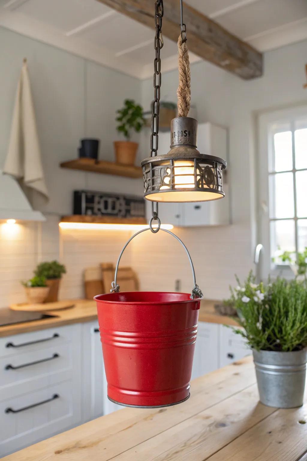 Illuminate your space with a touch of rustic elegance: Transform a simple bucket into a stunning pendant light fixture.
