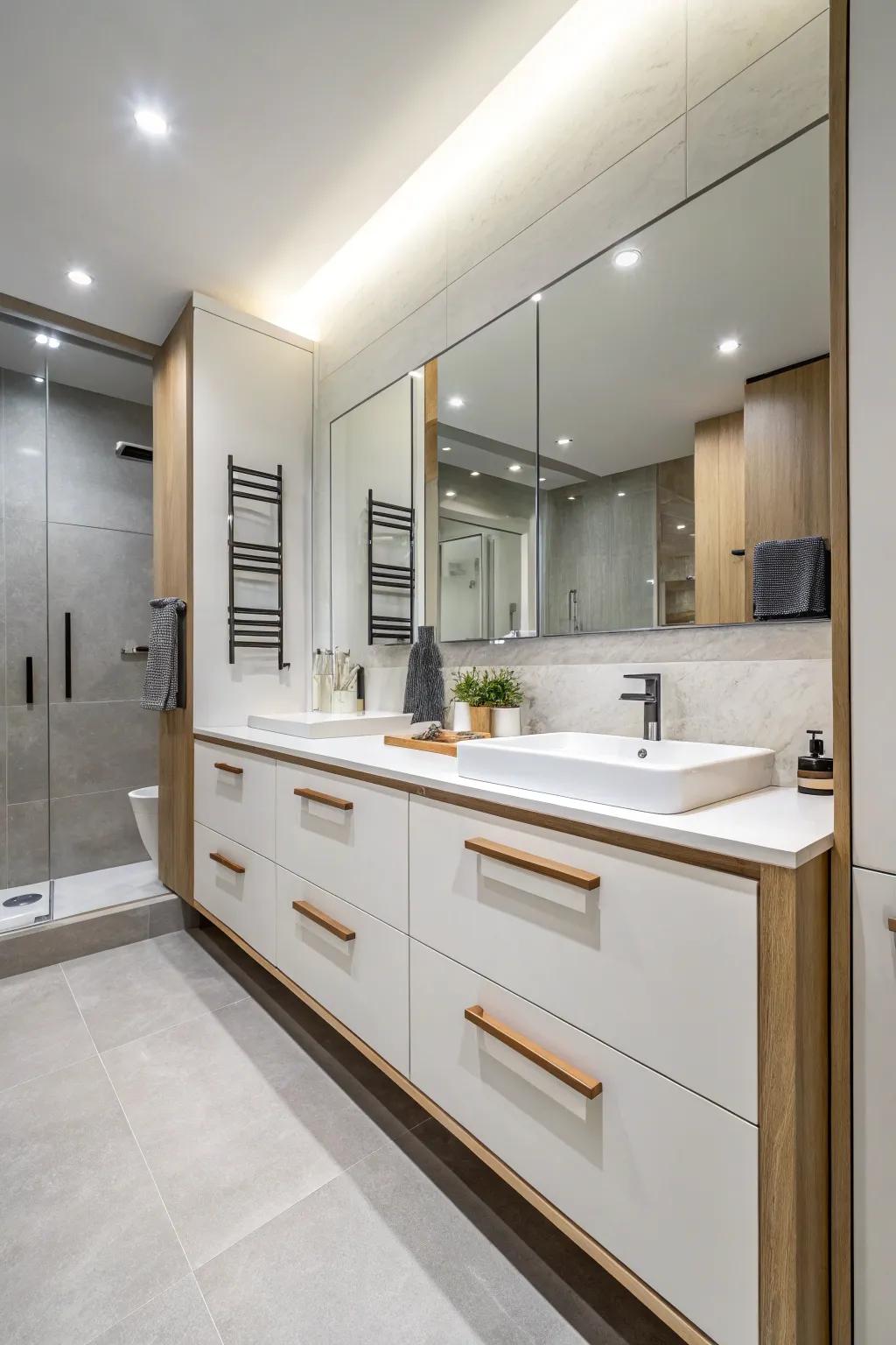 Accent details like wooden handles personalize modern bathroom cabinets.