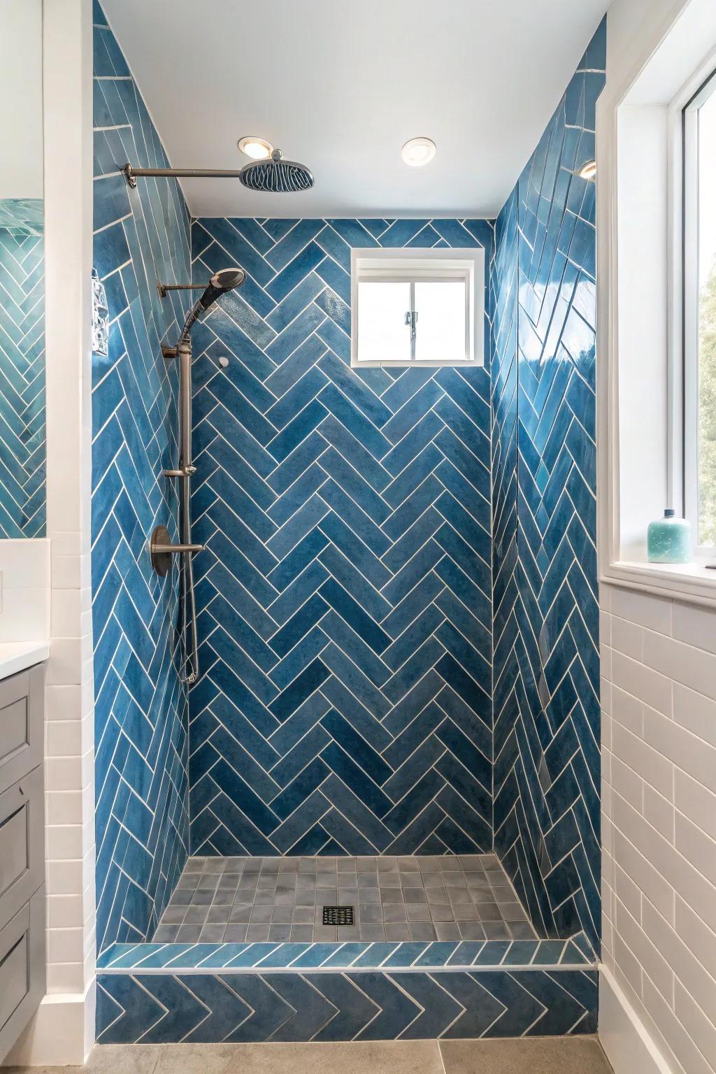 Textured herringbone blue tiles create a dynamic and captivating shower space.