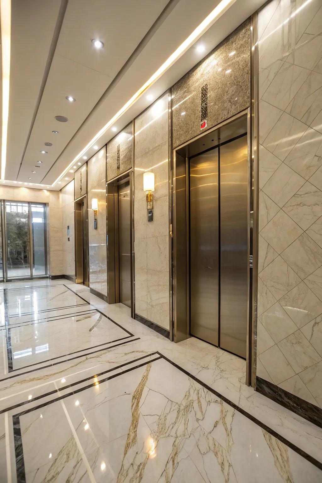 An elevator interior featuring elegant marble flooring for a luxurious feel.