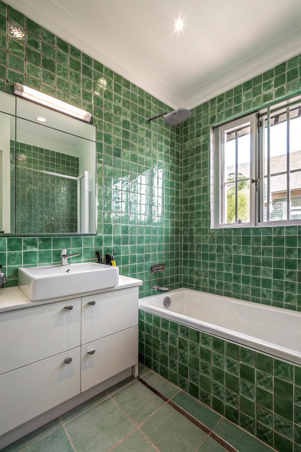 Sleek and luminous with glossy green glass tiles.