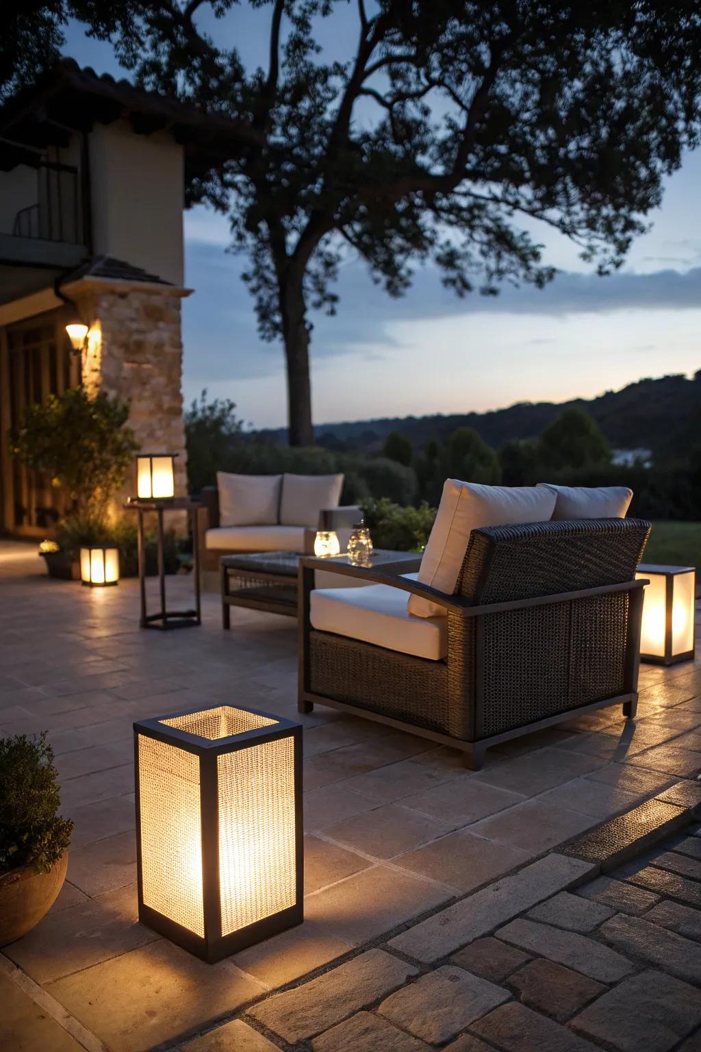 Subtle lighting enhances evening patio ambiance.