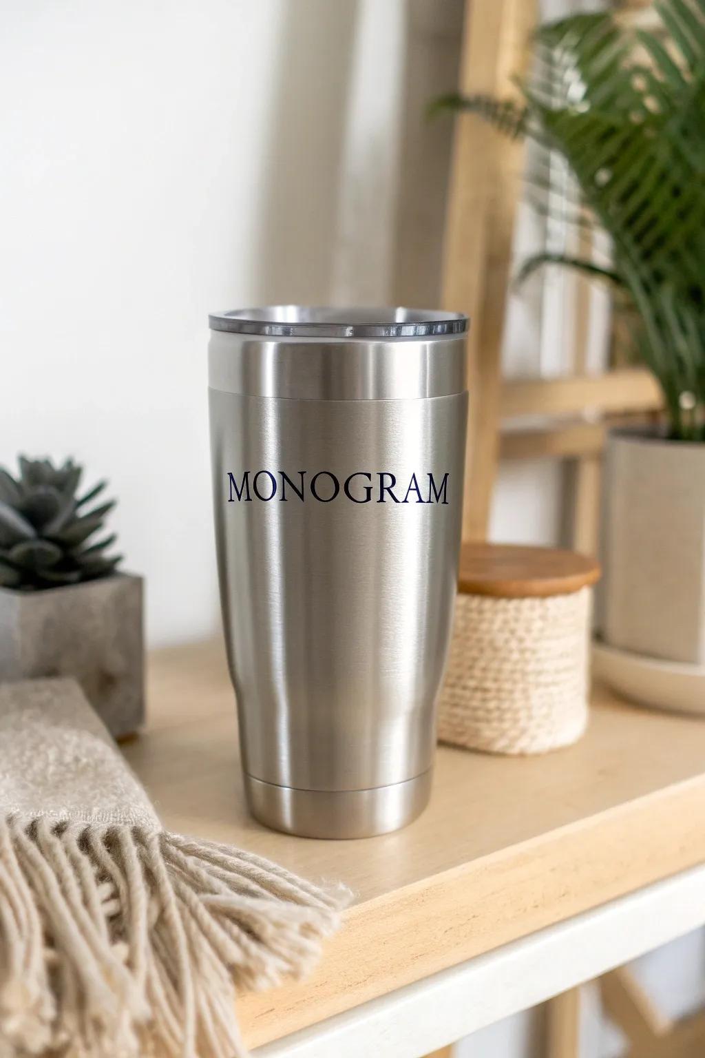 Sip in style with a monogrammed tumbler that combines minimalist elegance and personalized charm.