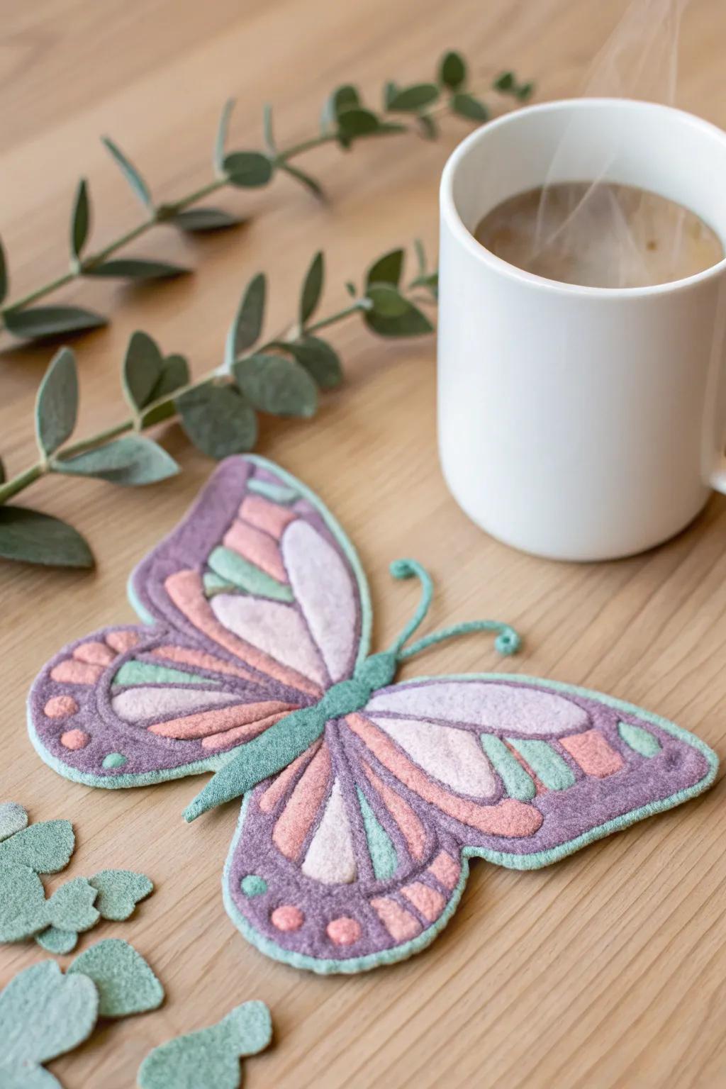 Add a whimsical touch to your coffee table with these charming butterfly felt coasters. Perfect for a cozy, minimalist setting!