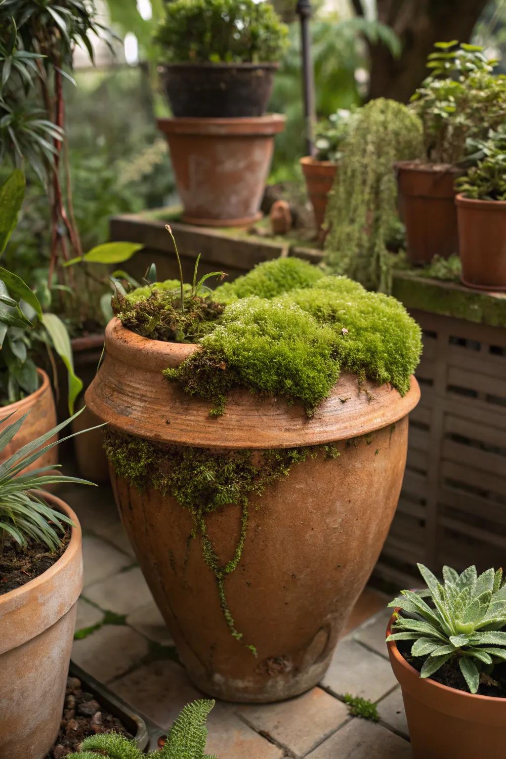 A terracotta pot topped with moss, adding texture and freshness.
