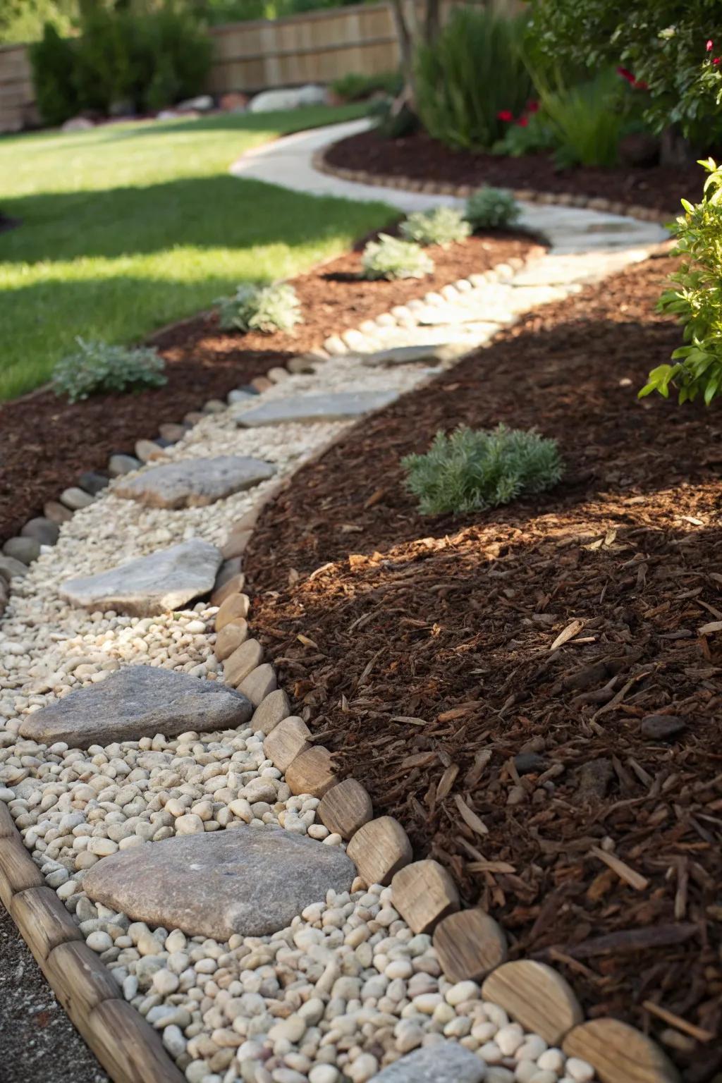 Craftsmanship in Nature: A harmonious blend of gravel and mulch creates a pathway of enduring elegance.