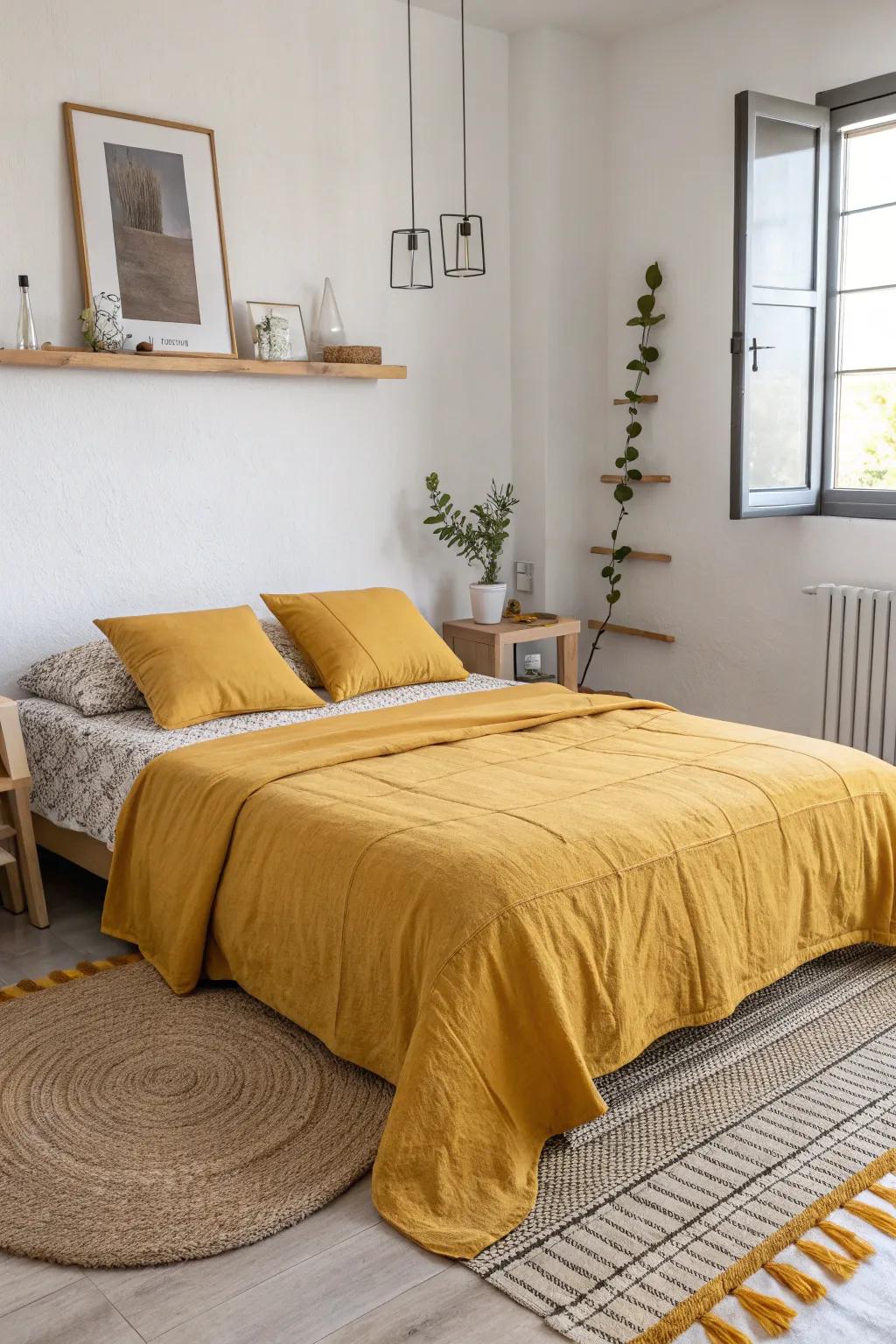 A minimalist bedroom warmed by the rich hue of mustard bedding.