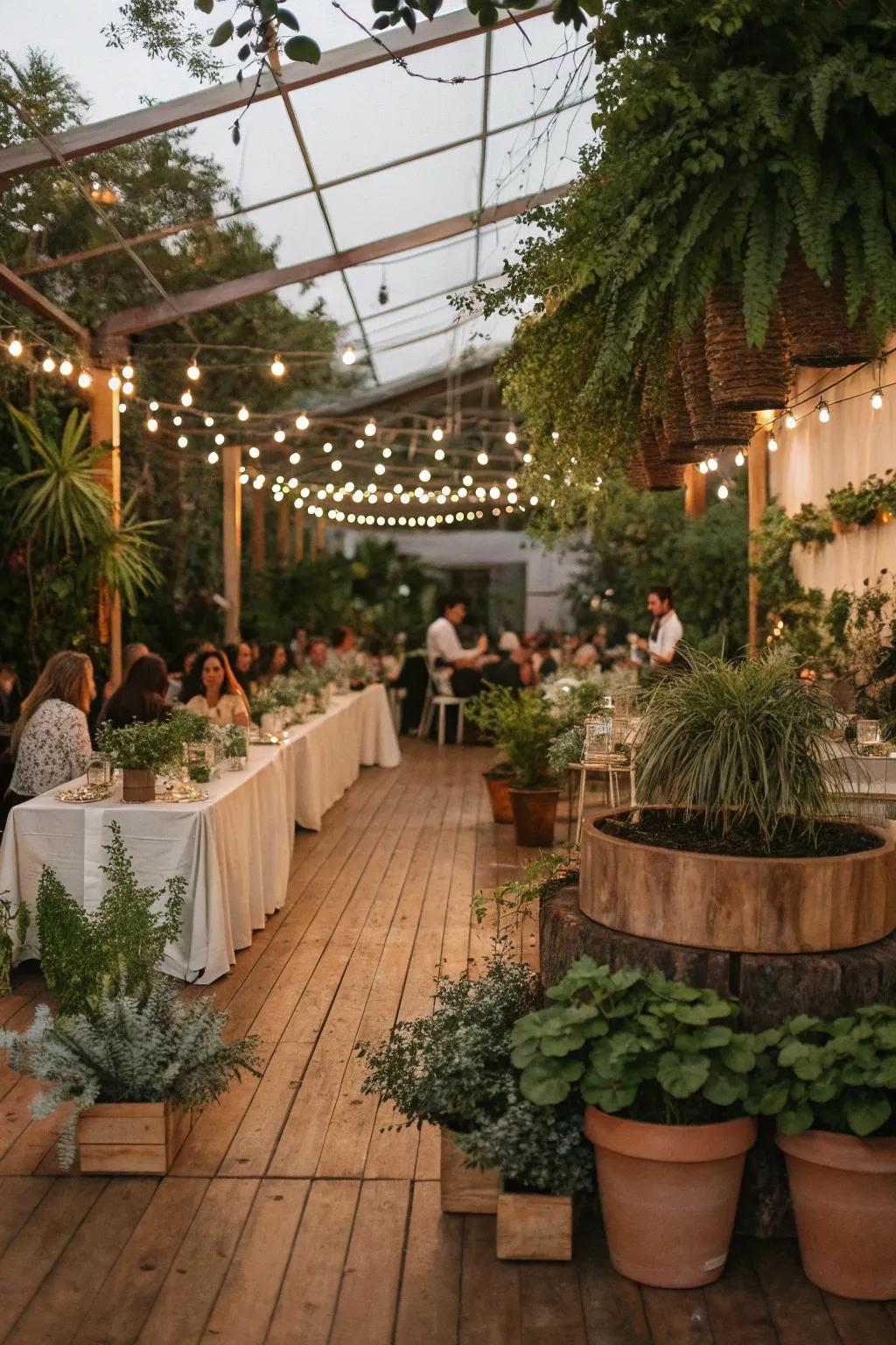 Eco-friendly decor with potted plants creates a chic and modern setting.