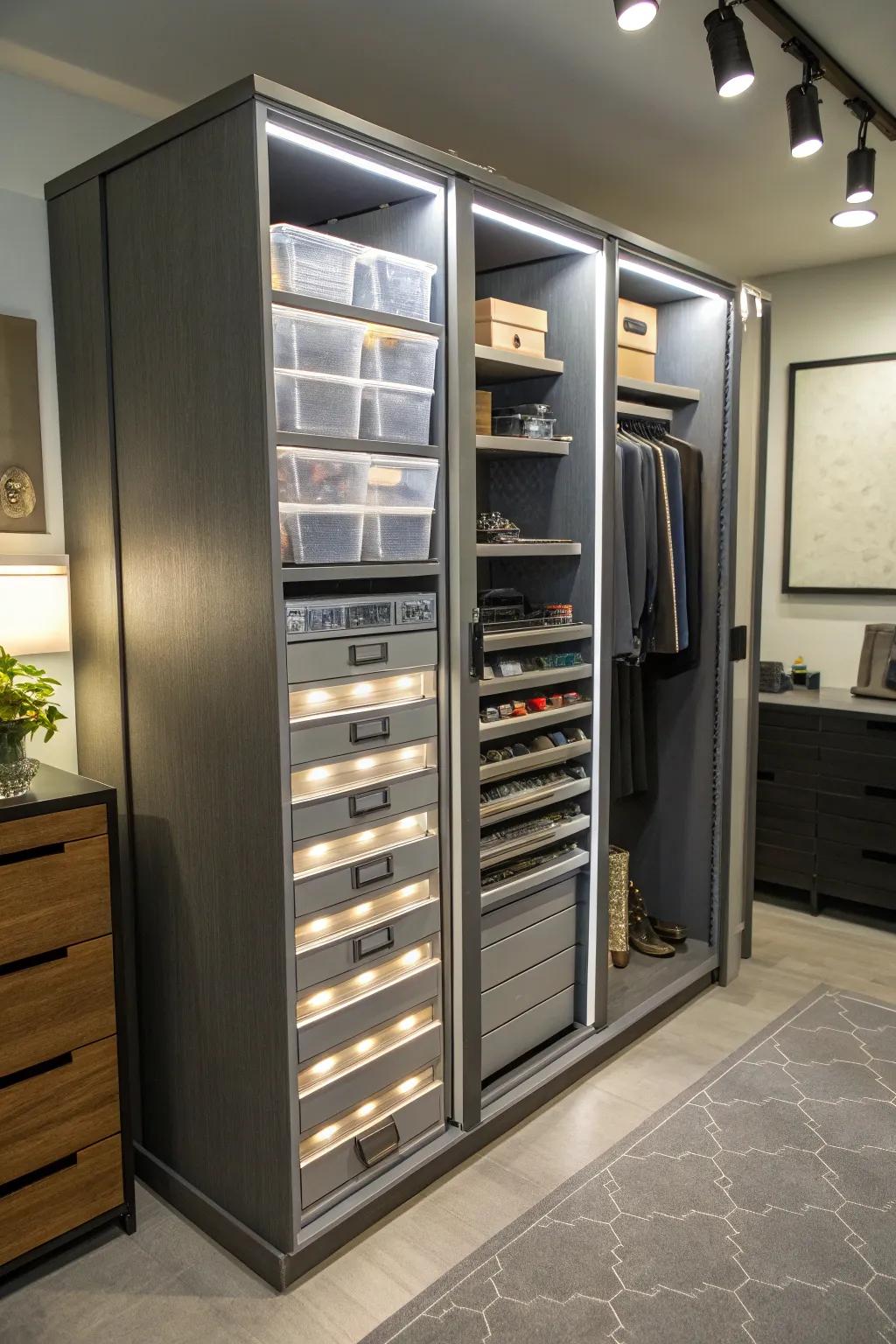 Modular storage solutions in a narrow cabinet for adaptable organization.