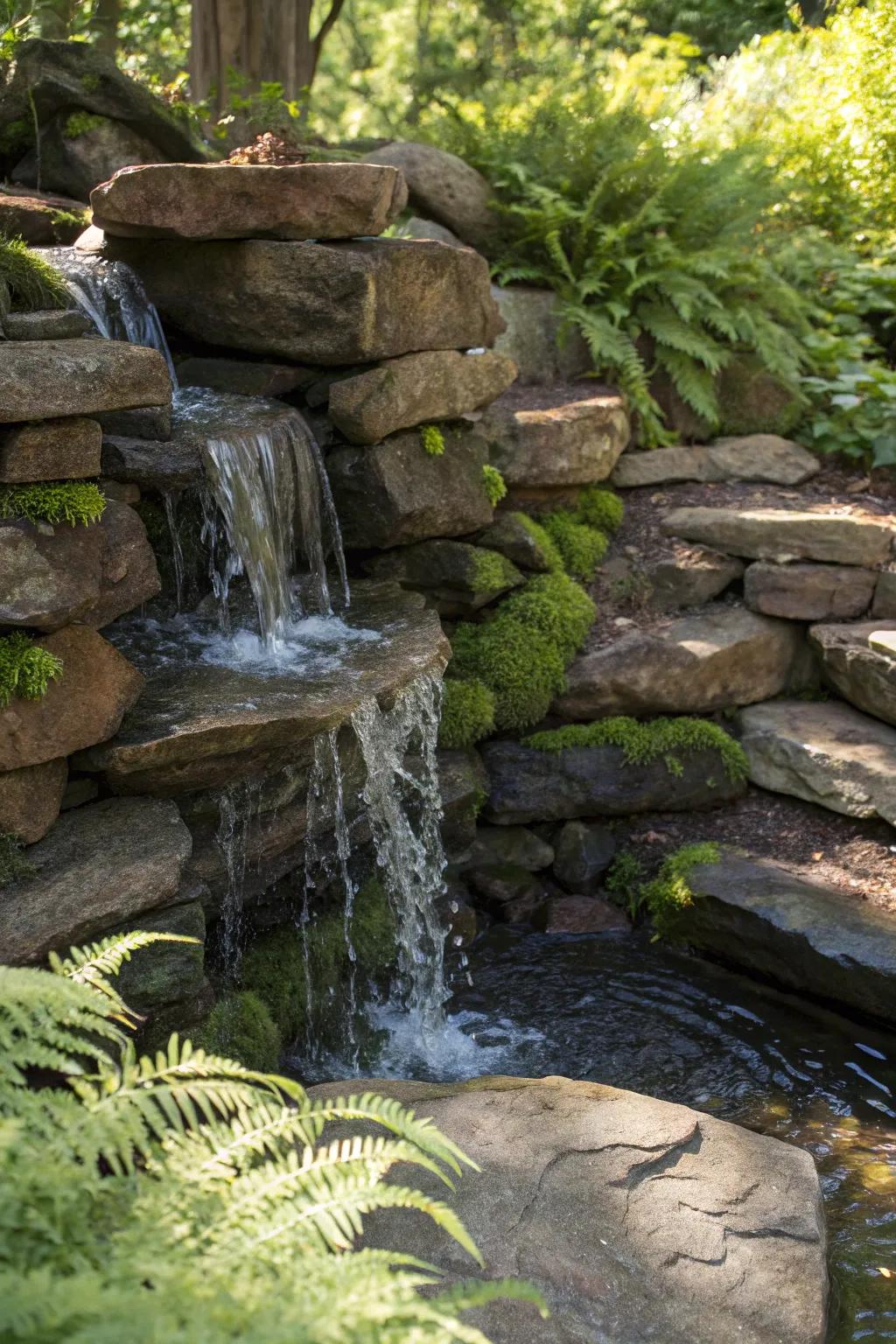 Transform your garden with a stunning rock wall waterfall, a masterpiece of nature and craftsmanship.