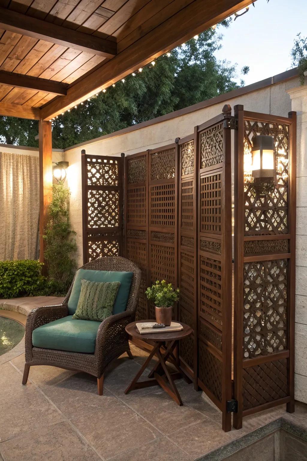 Transform your patio into a secluded sanctuary with handcrafted wooden privacy screens.