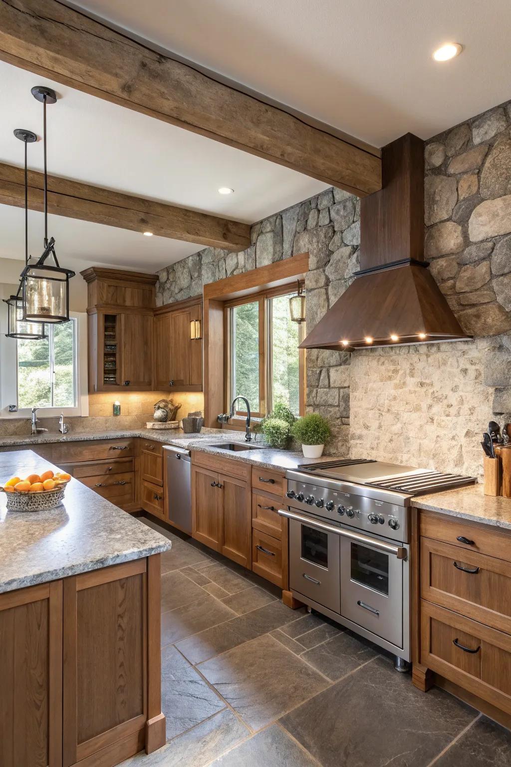 A kitchen that creatively combines various materials, resulting in a rich and textured ambiance.