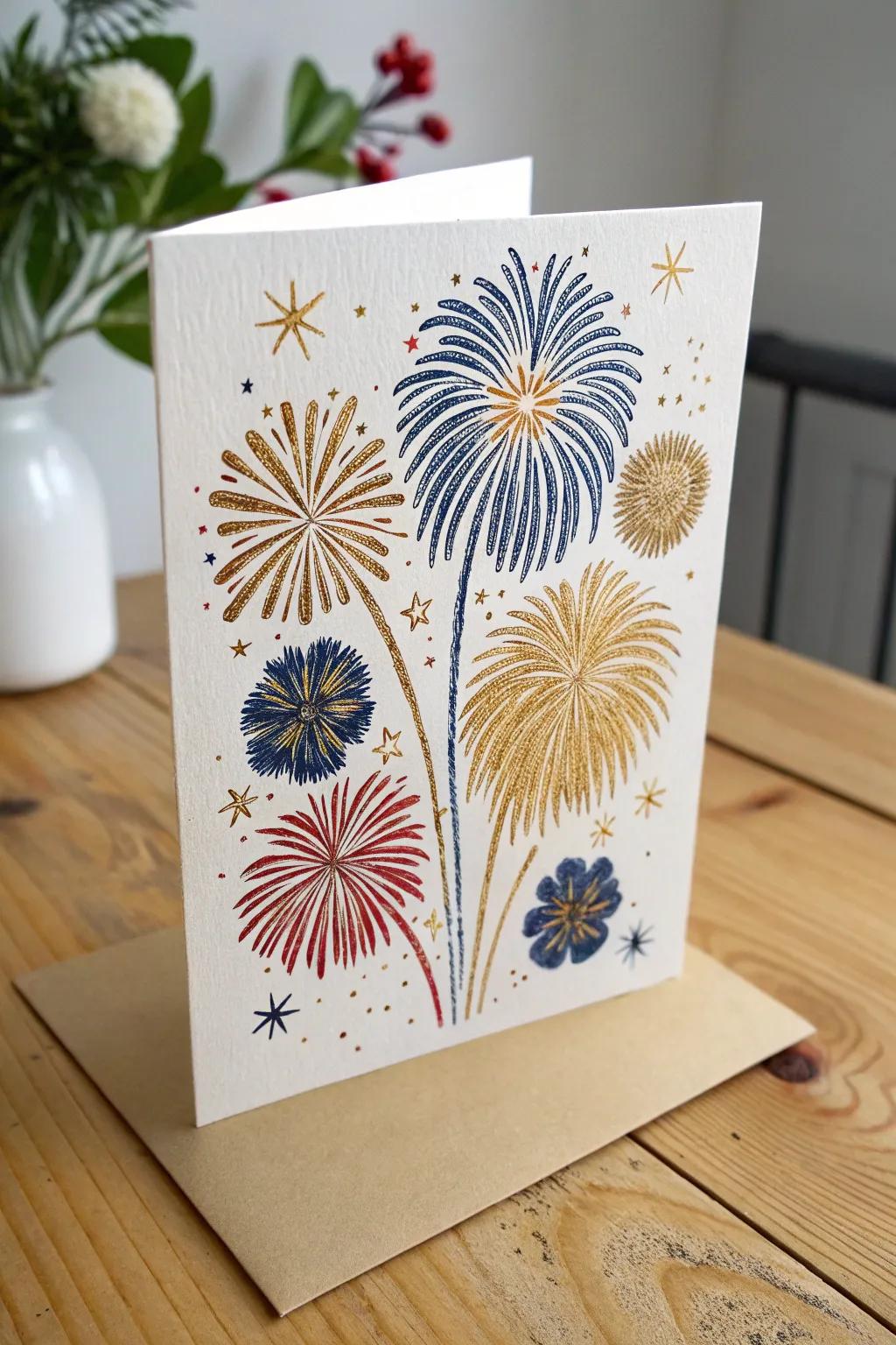 Capture the spirit of New Year's Eve with this stunning fireworks card, where bold colors meet minimalist elegance.